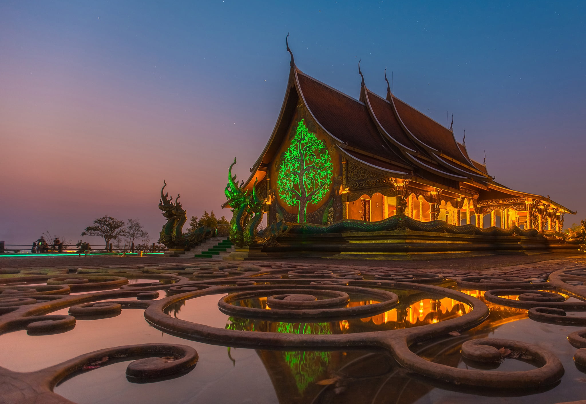 sculpture, stars, dragons, Thailand, 1080P, temple, the sky, the evening, design, lights, water, Ratchathani Province, HD Wallpaper