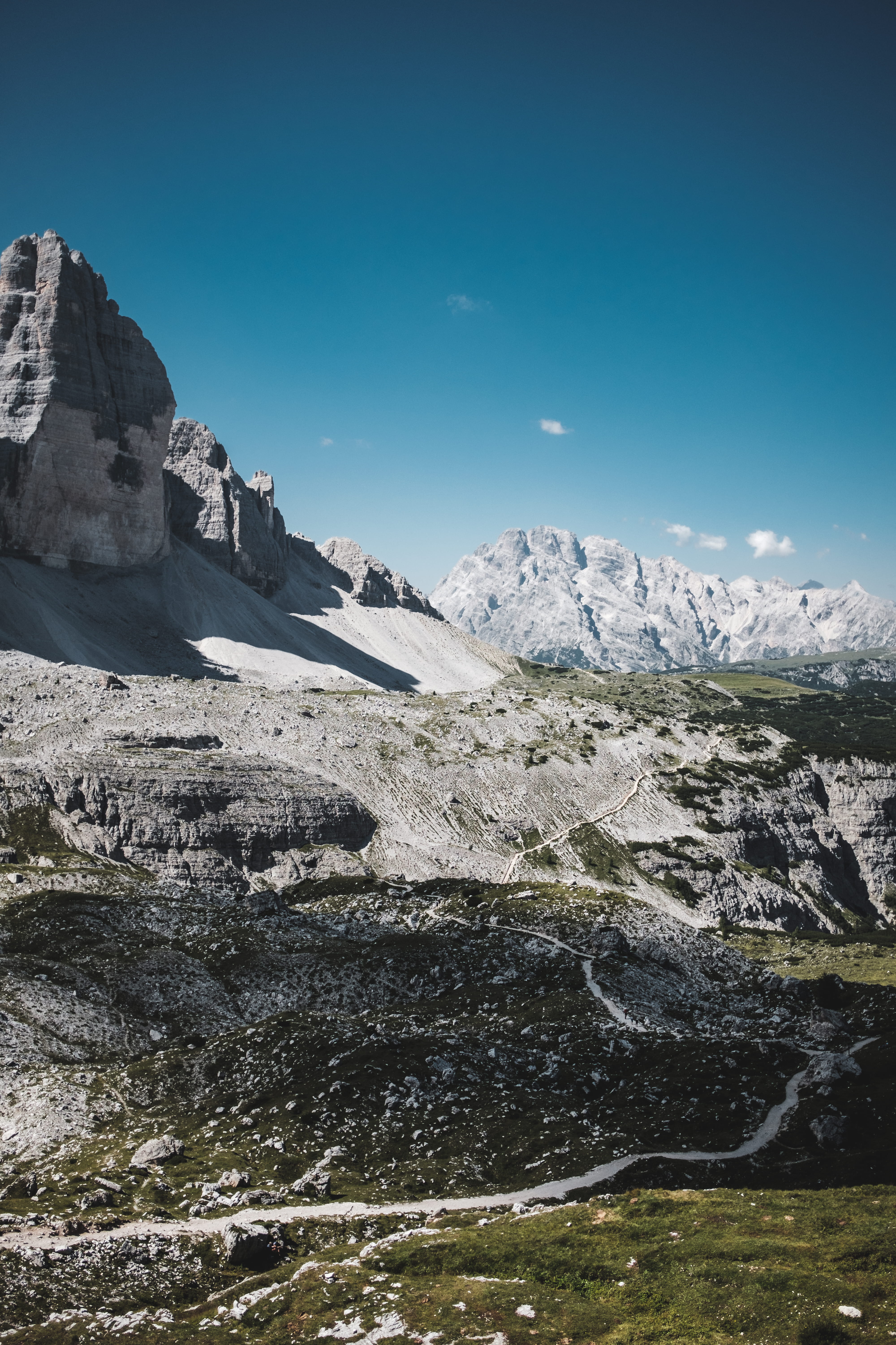tranquility, hiking, tre chime di lavaredo, cloud, three sister, 5K, rock - object, nature, filled, snowcapped mountain, tirol, alp, blue, rock, trail, Phone HD Wallpaper