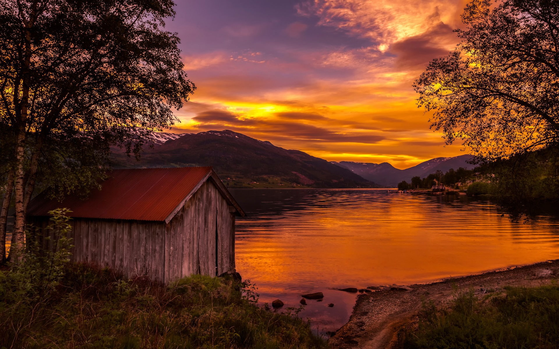 Sunset, Red, 1080P, Lake, Norway, Trees, Sky, House, HD Wallpaper