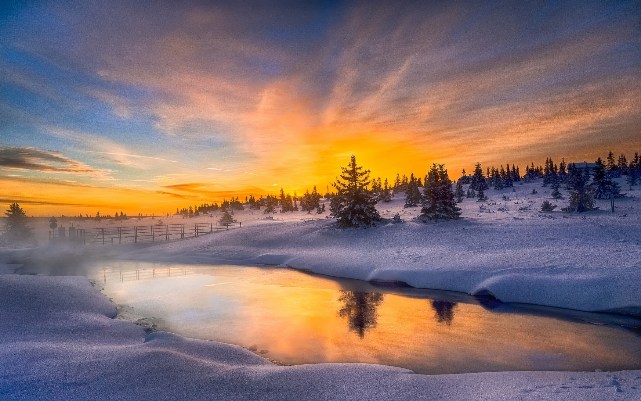 frost, orange color, house, 1080P, landscape, outdoors, clouds, snow, cold, sunset, sky, beauty in nature, cold temperature, winter, non-urban scene, mist, HD Wallpaper