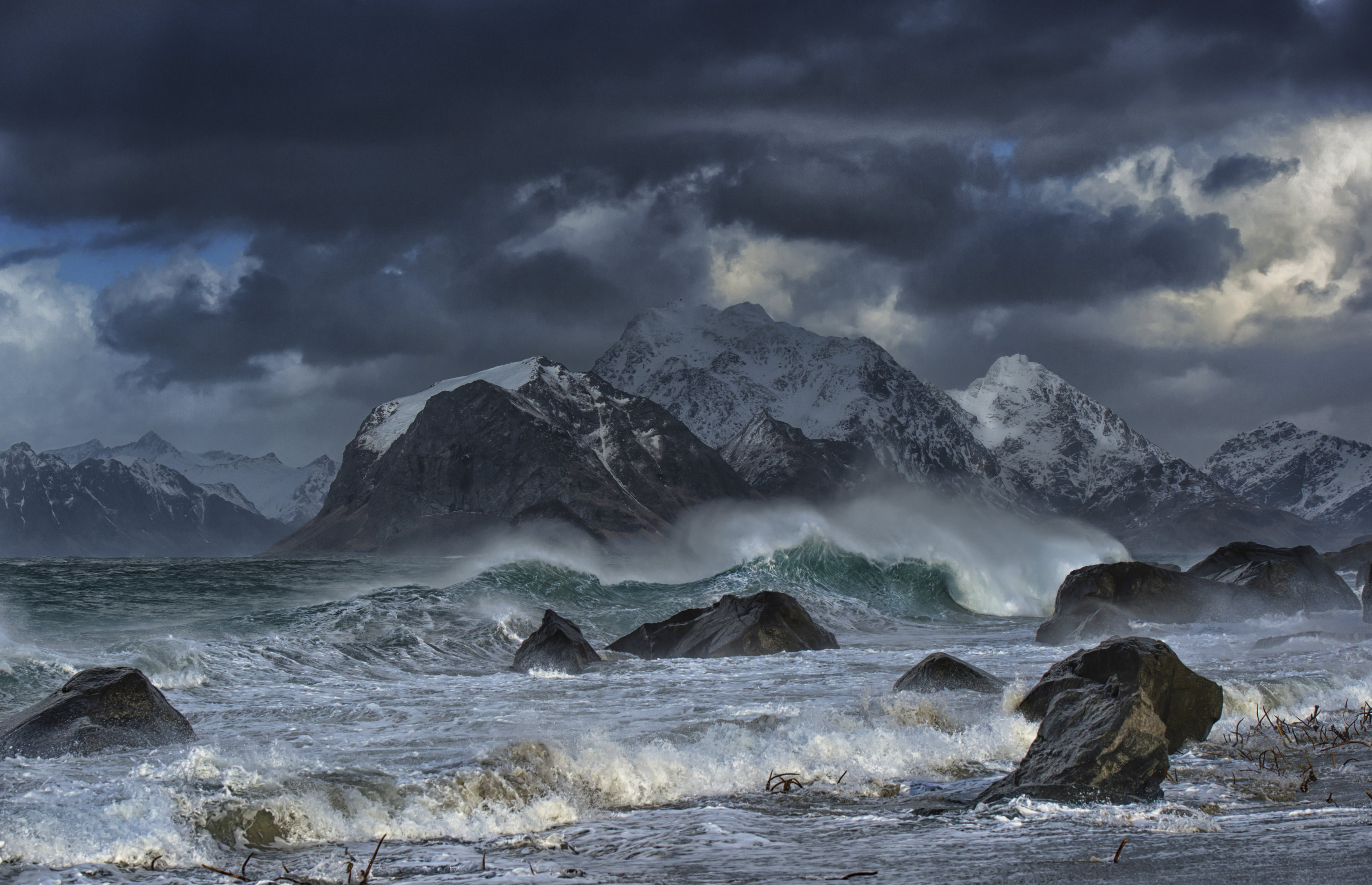 power in nature, cold temperature, mountains, mountain, environment, sky, fog, The Lofoten Islands, outdoors, storm, water, rock - Object, no People, tourism, HD Wallpaper
