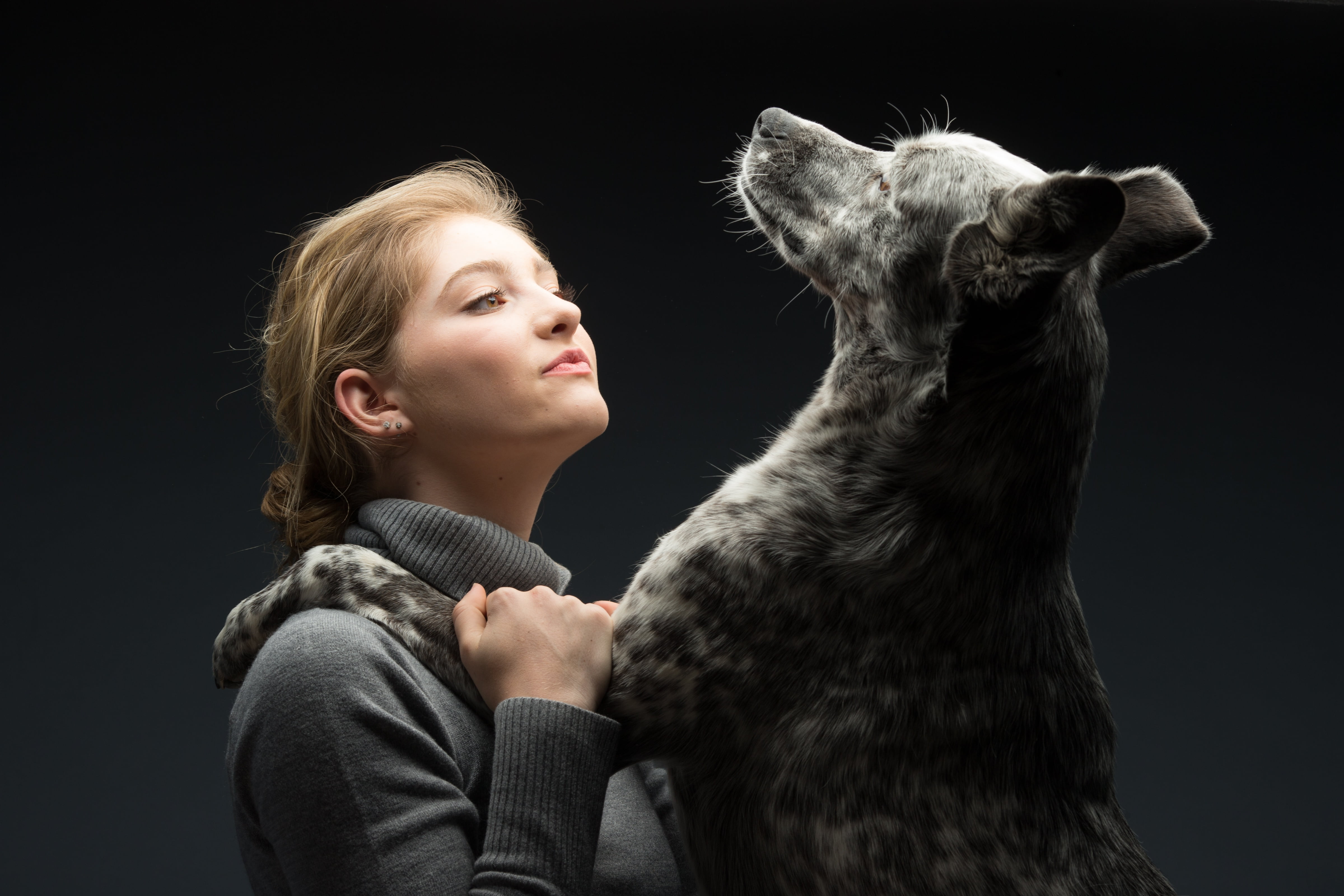 pets, headshot, teenager, cute, pet owner, looking, mammal, domestic animals, black background, 4K, celebrities, vertebrate, portrait, young adult, one animal, HD Wallpaper