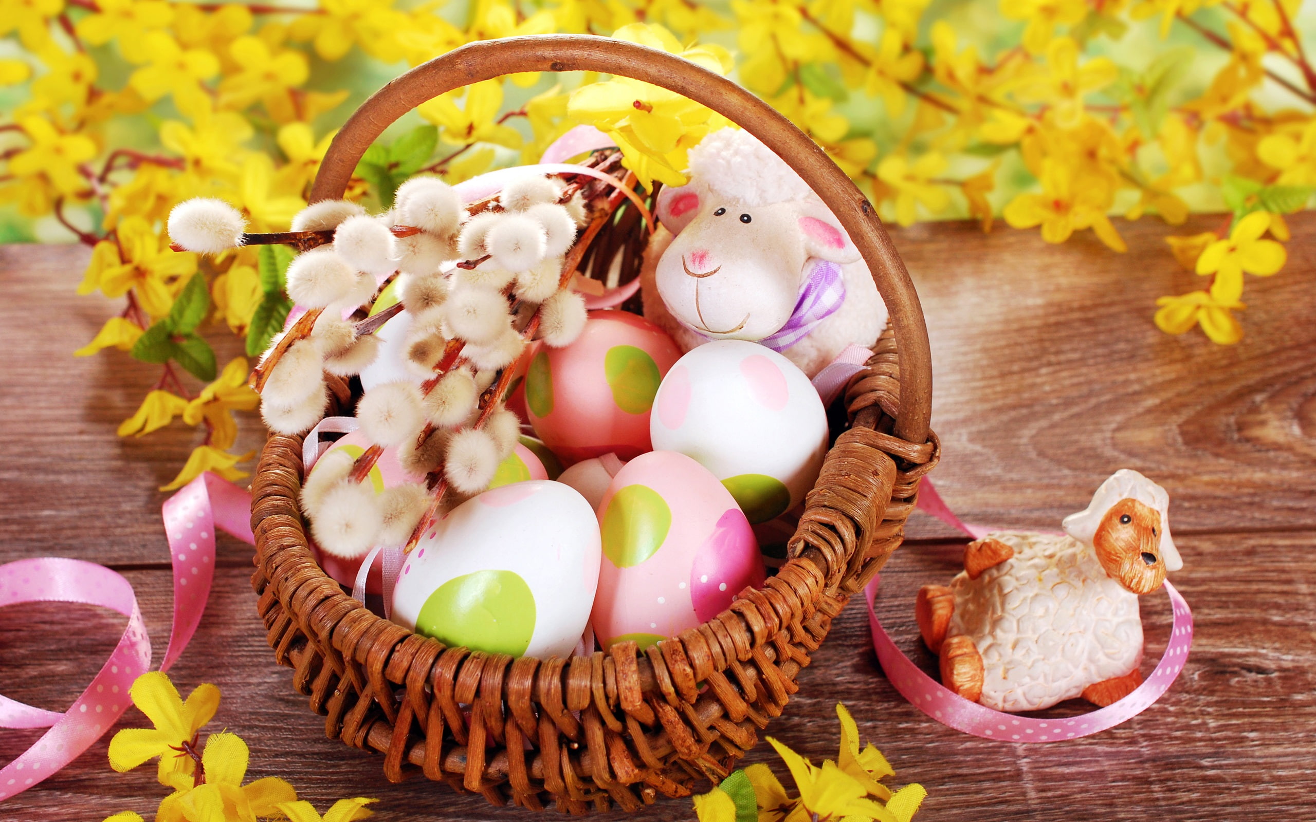 Basket, Eggs, 2K, Easter, Sheep, Willow, Toys, Flowers, Yellow, HD Wallpaper
