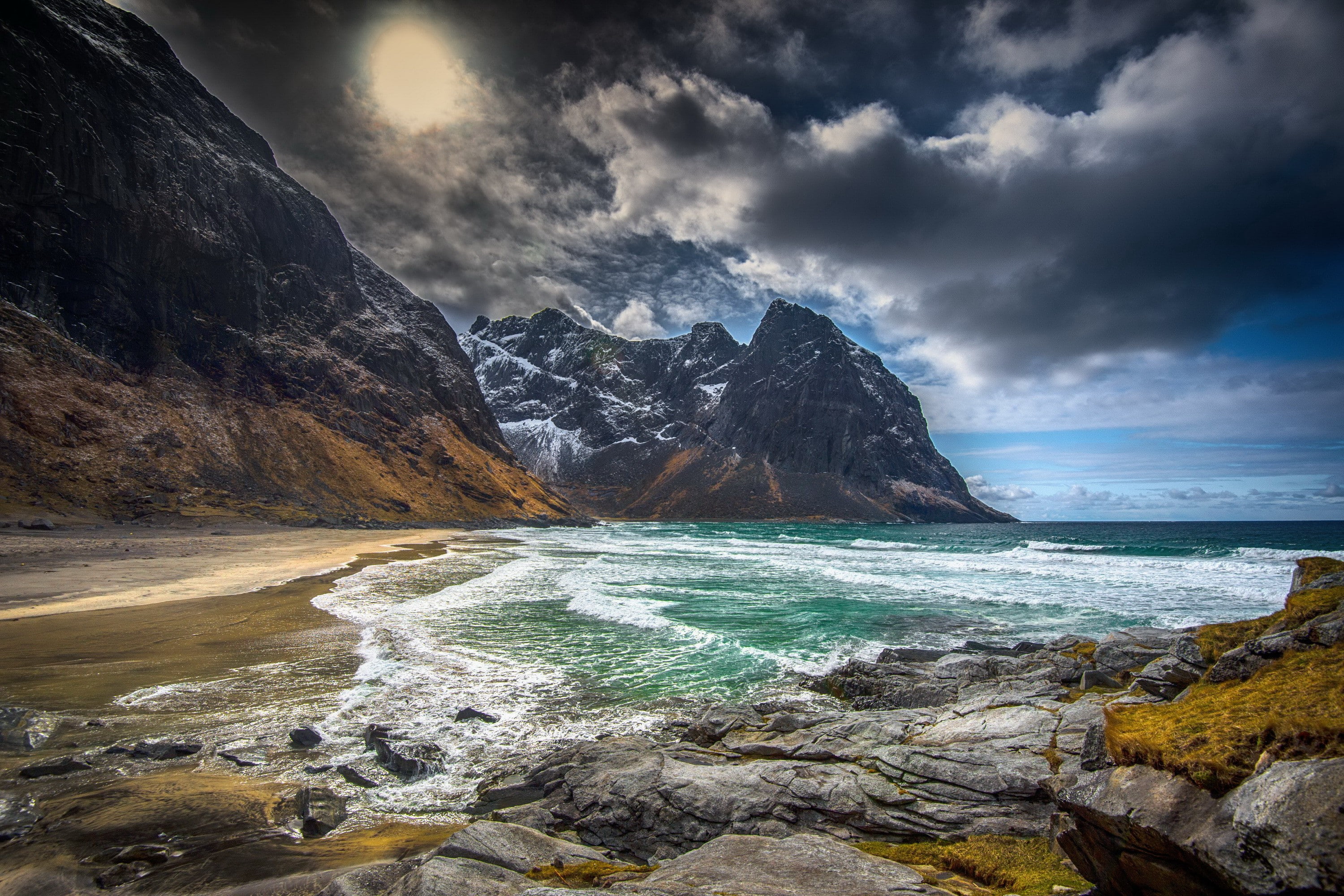 clouds, Lofoten, Norway, 2K, rocks, snow, kvalvika, beach, Kvalvika Beach, winter, HD Wallpaper