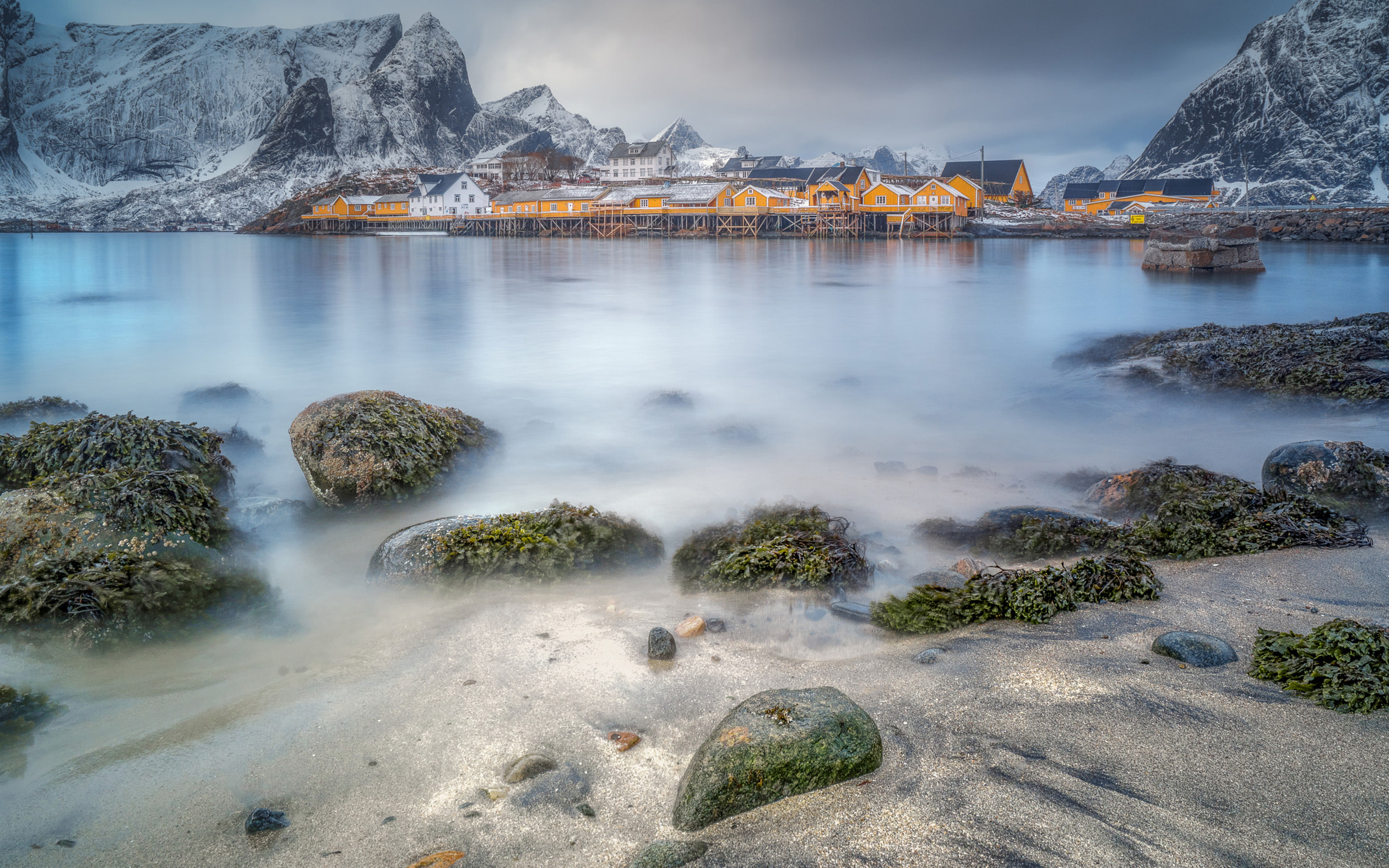landscape, computer, peaks, snowy, phones, rocky, calm, lofoten, sea, photography, mobile, 4K, houses, pillars, wooden, mountains, desktop, hd,, HD Wallpaper