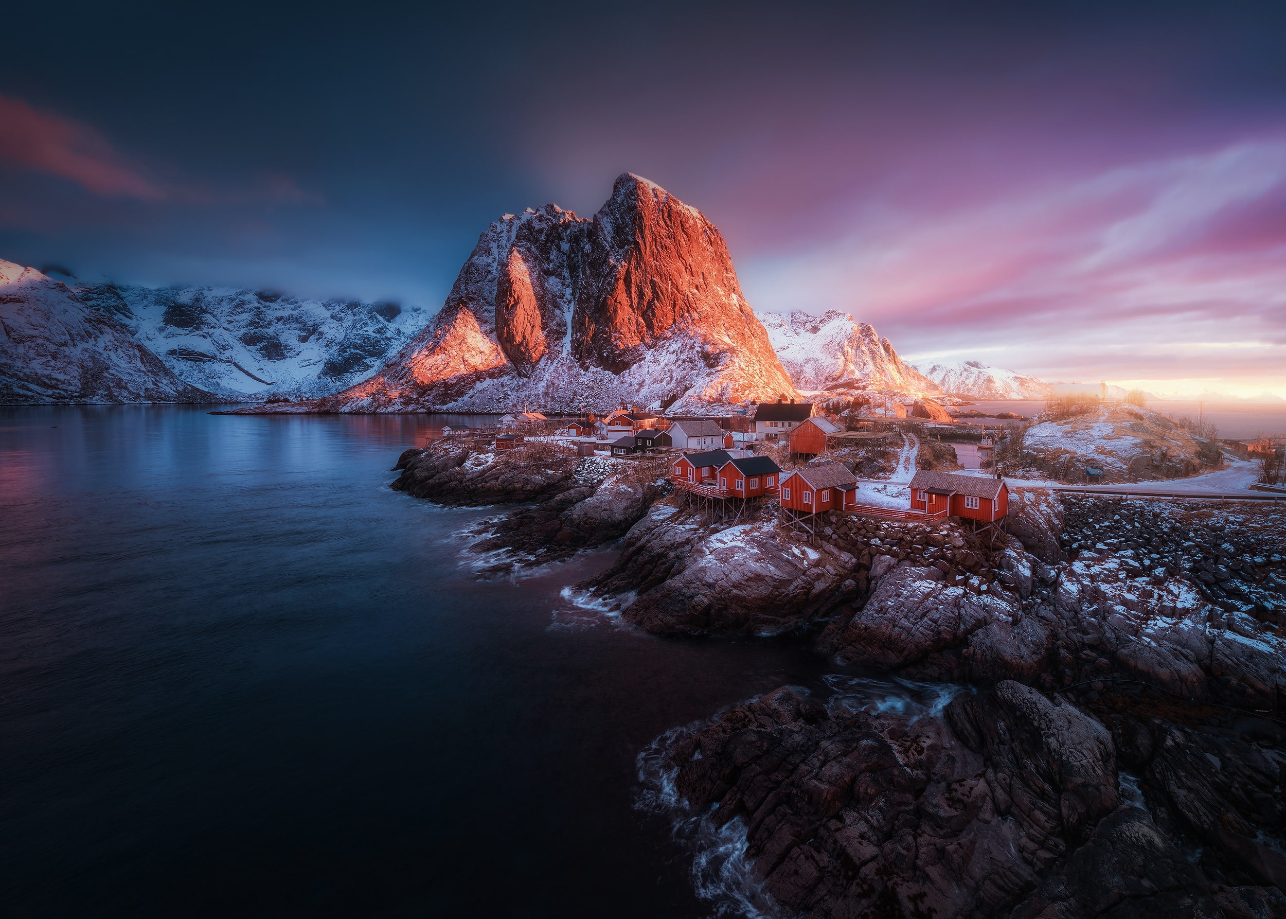 snow, mountains, The Lofoten Islands, island, Hamnøy, winter, Scandinavia, light, 1080P, the village, The Norwegian sea, the municipality of Moskenes, HD Wallpaper