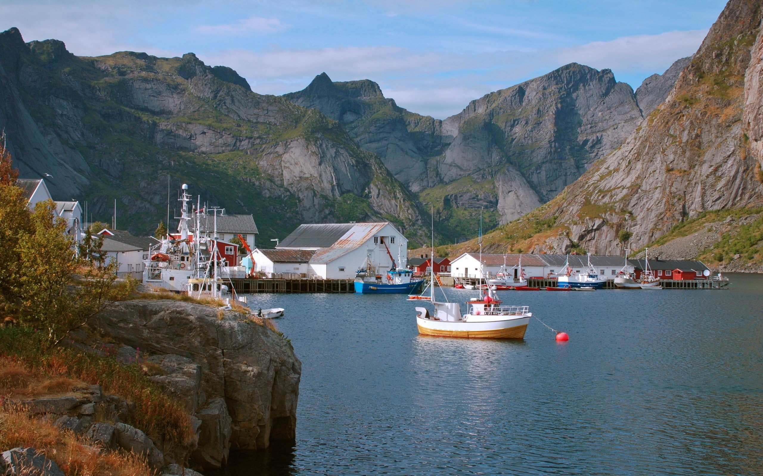 no people, Nordland, sailboat, harbor, scenics - nature, sea, nautical vessel, Sky, mountain range, transportation, built structure, passenger craft, outdoors, HD Wallpaper