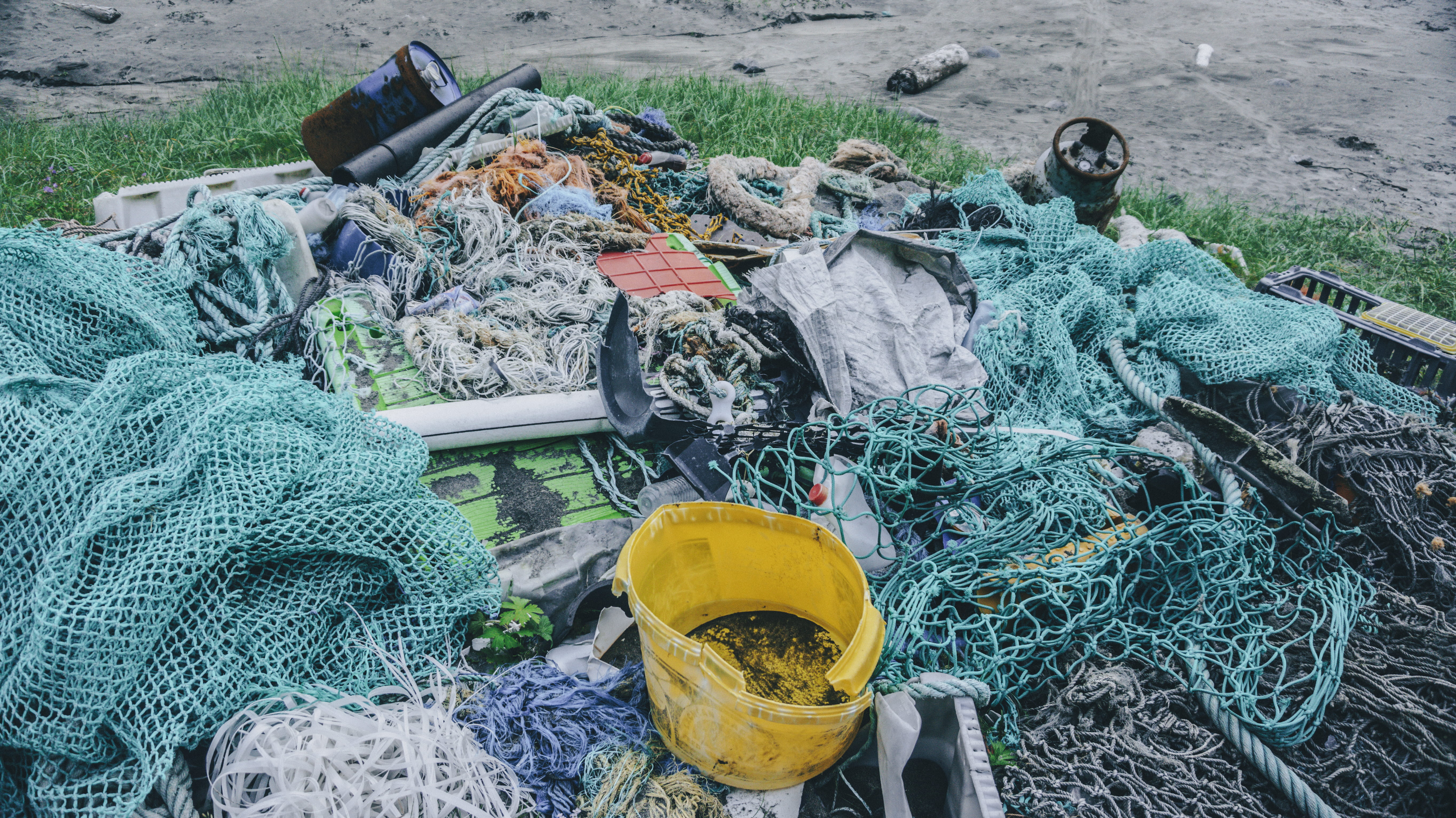 container, lofoten, fishing industry, fishing net, stack, norway, commercial fishing net, beach, yellow, outdoors, field, high angle view, rope, polution, HD Wallpaper
