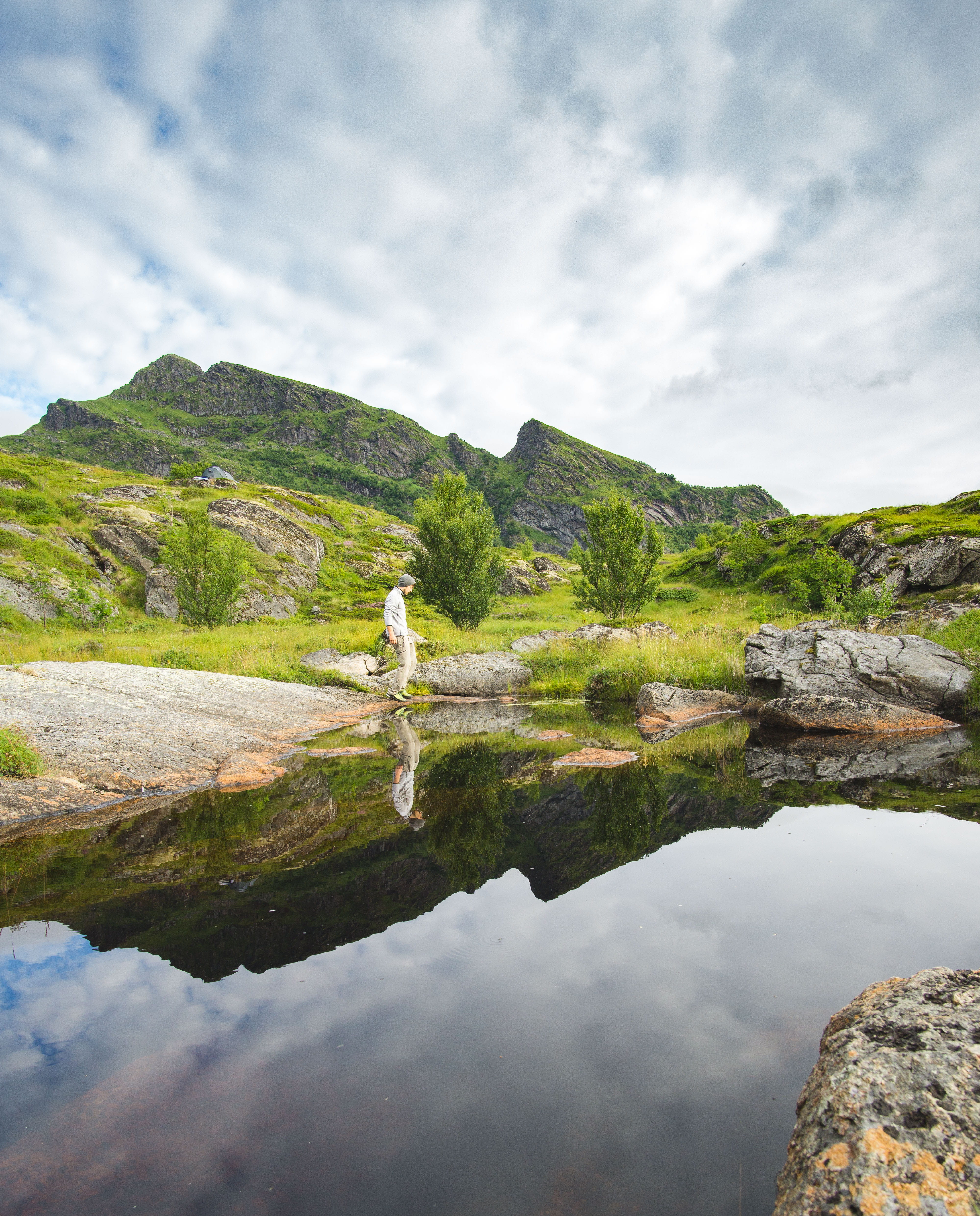 rock - object, outdoor, non-urban scene, travel, sky, beauty in nature, landscape, norway, lofoten, green color, tranquility, scenics - nature, travel photography, Phone HD Wallpaper