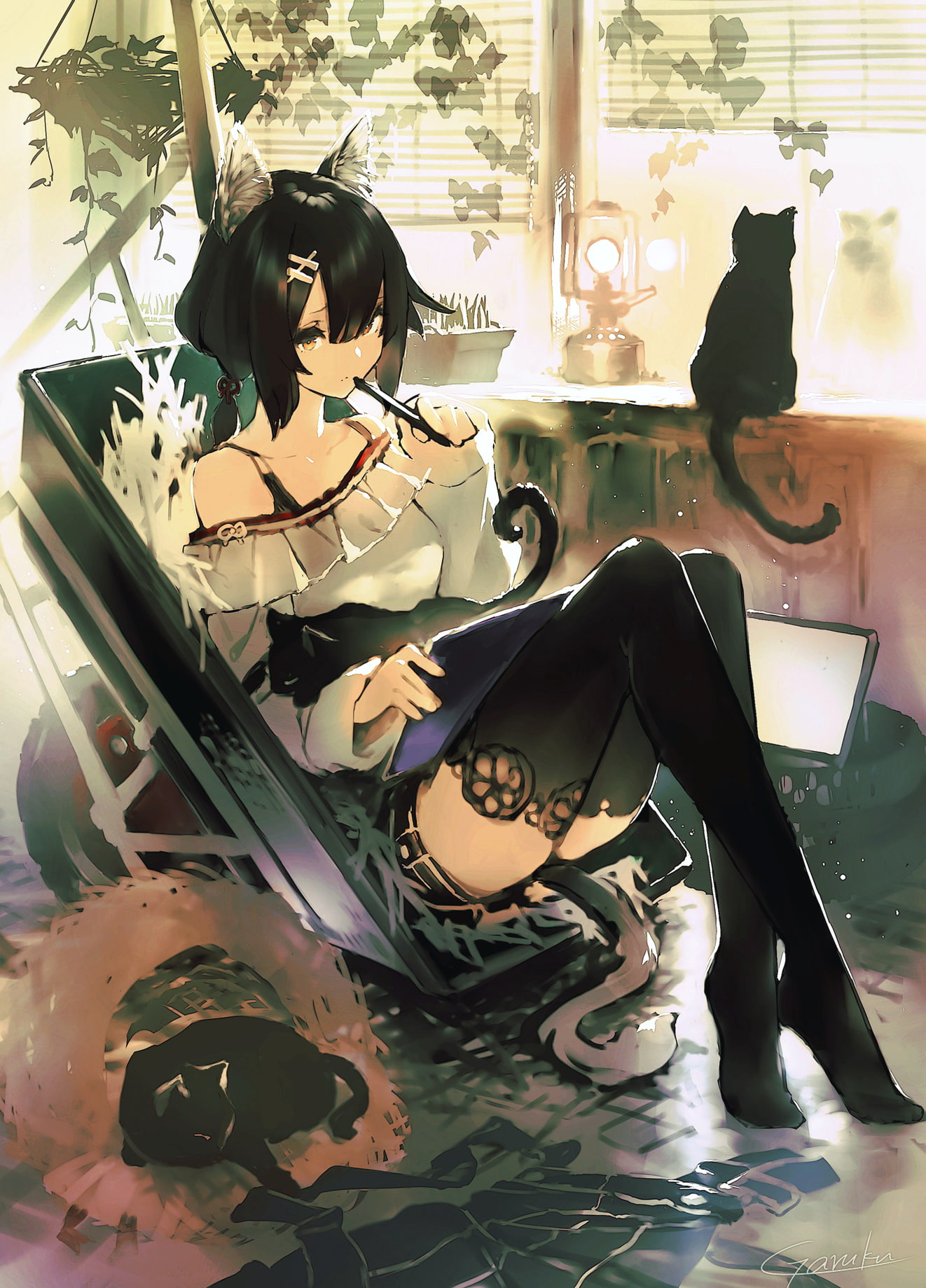 720P, anime, anime girls, cat, legs, stockings, sitting, tail, Phone HD Wallpaper