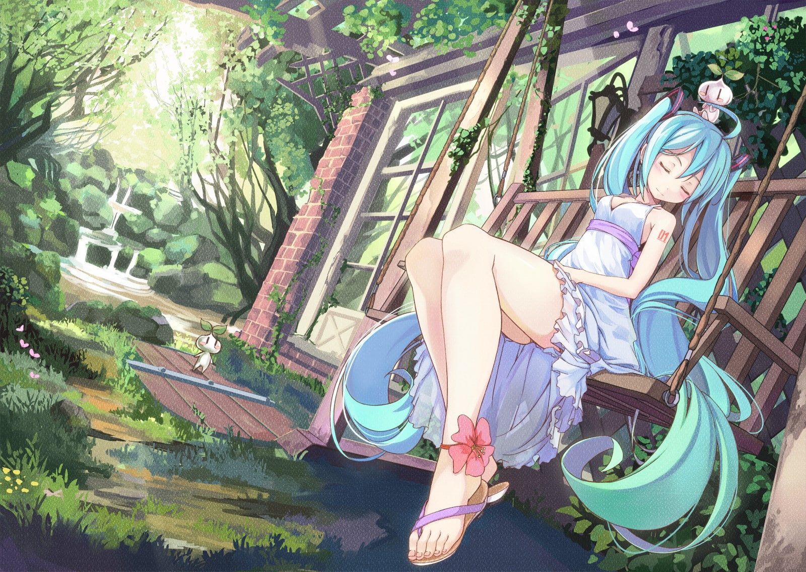 anime, legs, 720P, blue hair, long hair, anime girls, grass, Vocaloid, feet, blue eyes, Hatsune Miku, HD Wallpaper