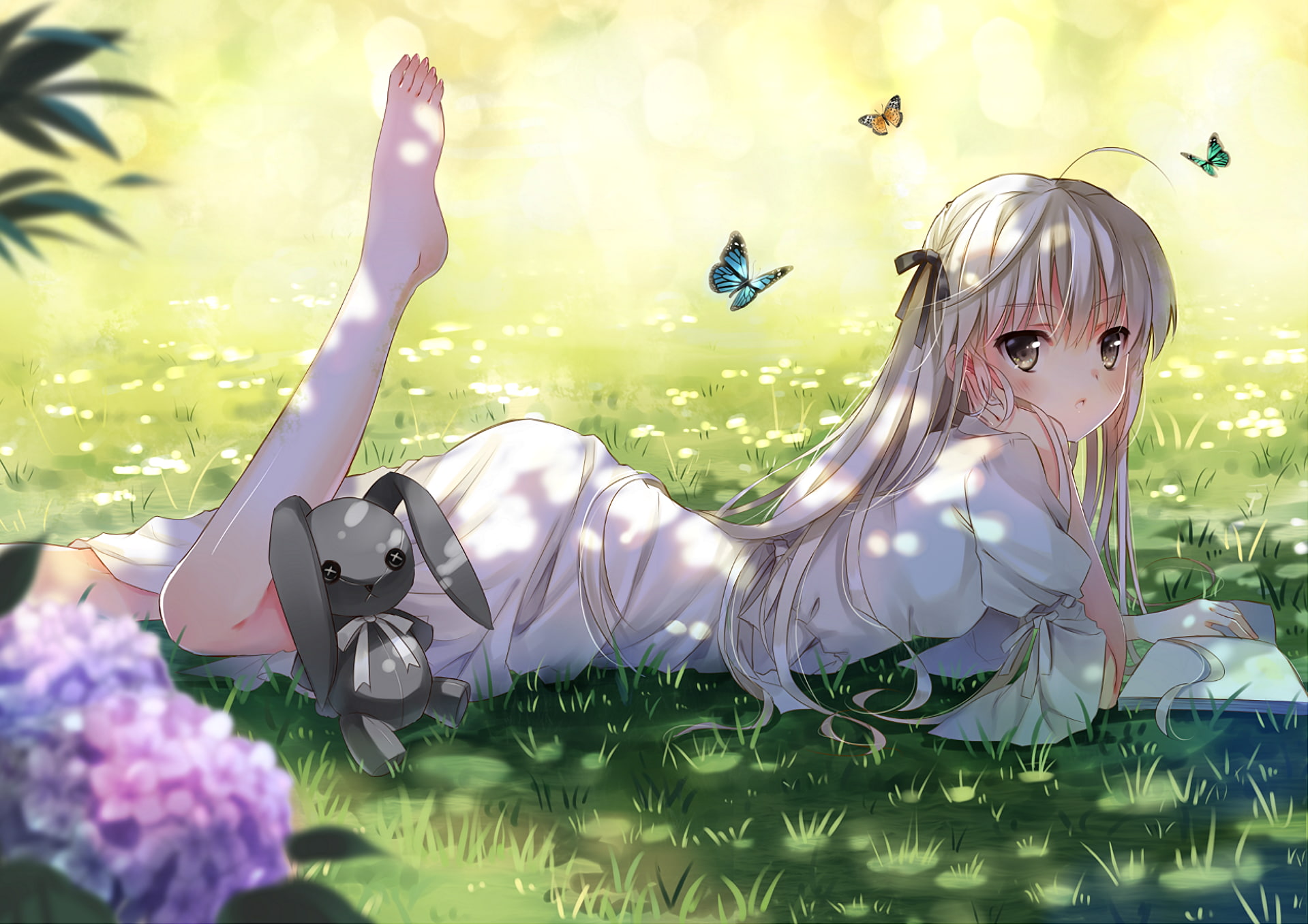 anime, 720P, legs, stuffed animal, anime girls, barefoot, Yosuga no Sora, butterfly, HD Wallpaper