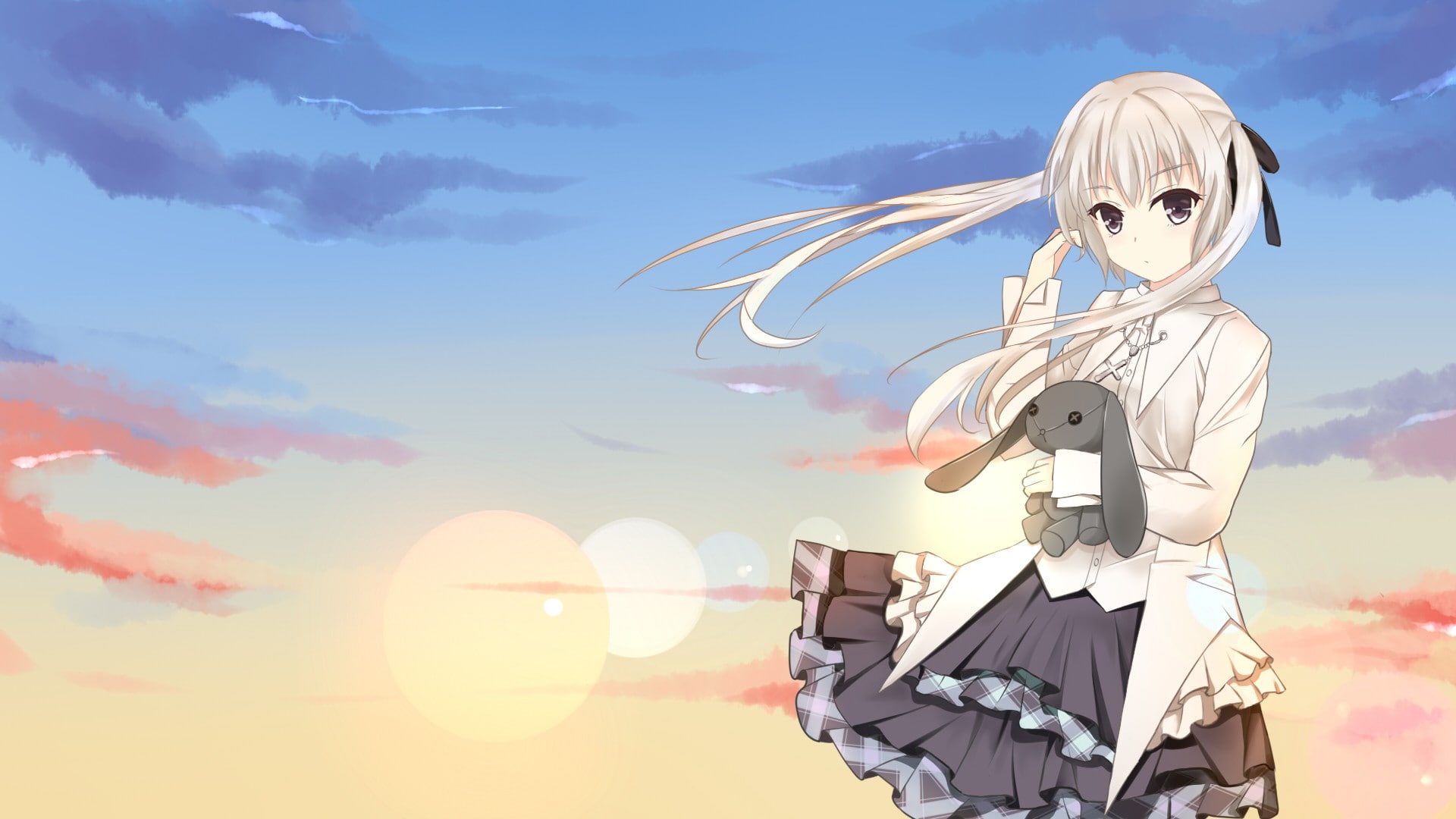 sky, anime girls, Kasugano Sora, Yosuga no Sora, grey hair, anime, 1080P, clouds, HD Wallpaper