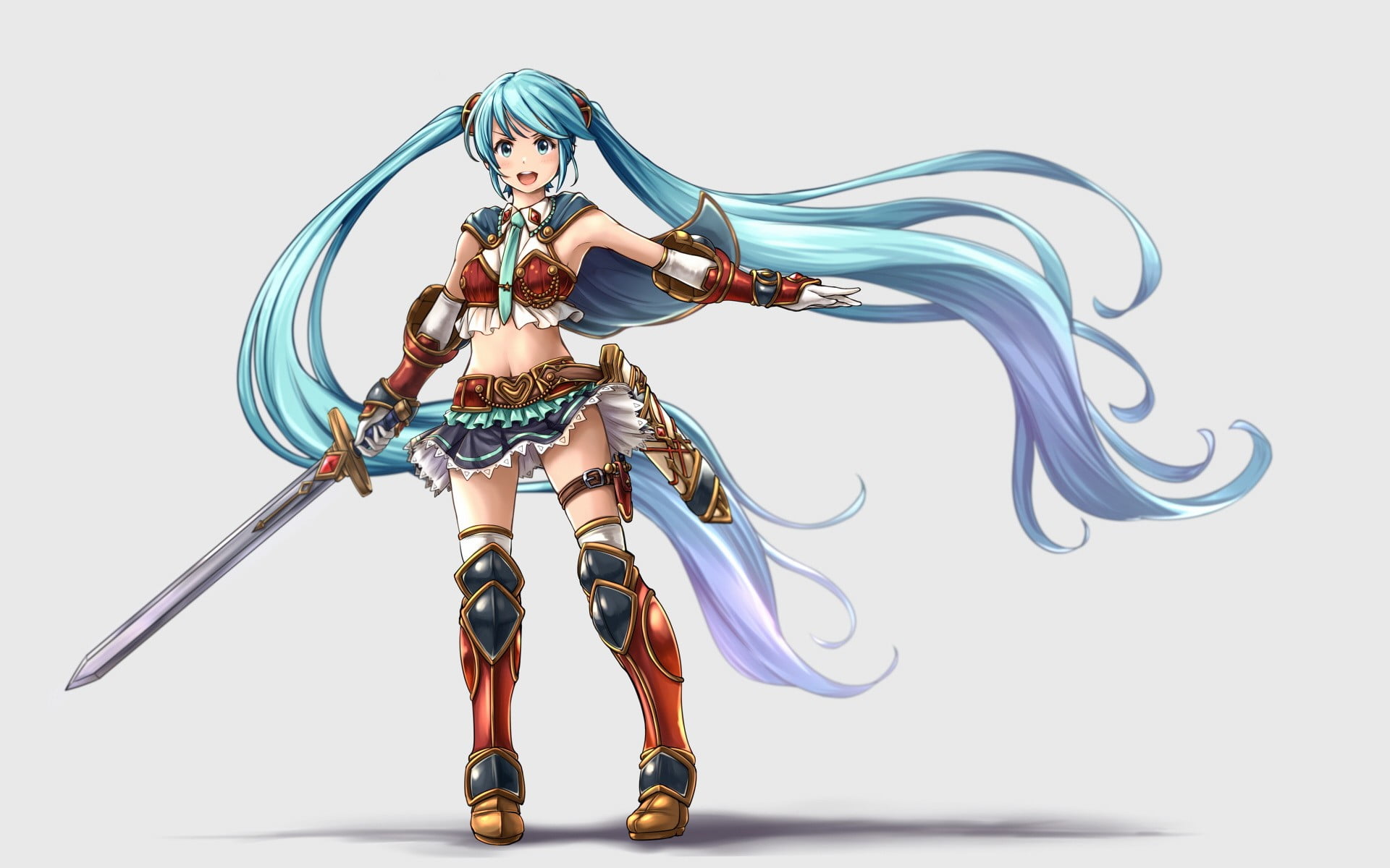 hair ornament, lifestyles, aqua eyes, armor, studio shot, white background, cut out, full length, simple background, twintails, Vocaloid, Hatsune Miku, HD Wallpaper