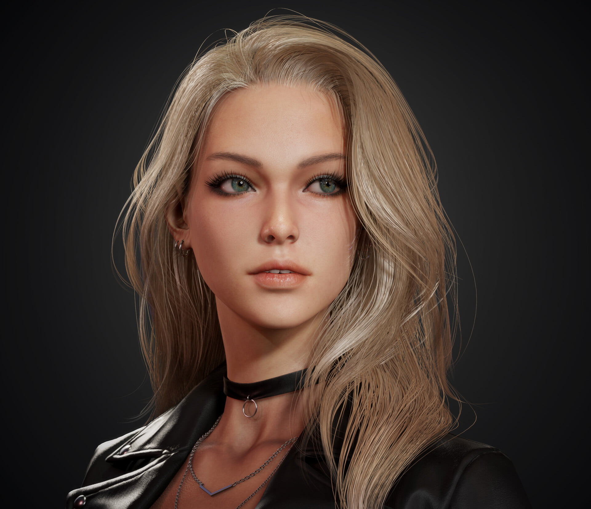 jewelry, long hair, CGI, wavy hair, Sihwa Lee, 1080P, necklace, simple background, blonde, portrait, green eyes, choker, women, leather jackets, looking, HD Wallpaper