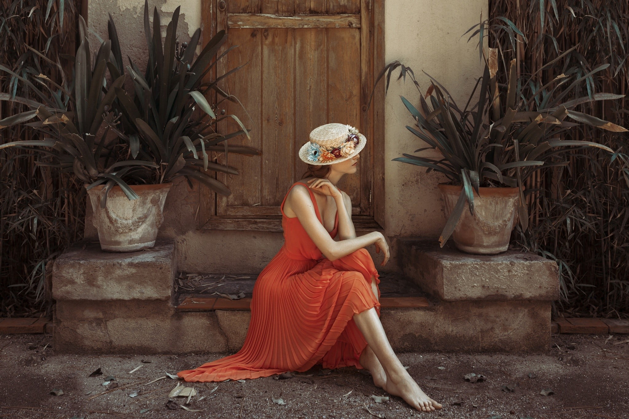 real people, built structure, women, young women, plant, 1080P, model, lifestyles, potted plant, young adult, red dress, dress, one person, clothing, full length, HD Wallpaper
