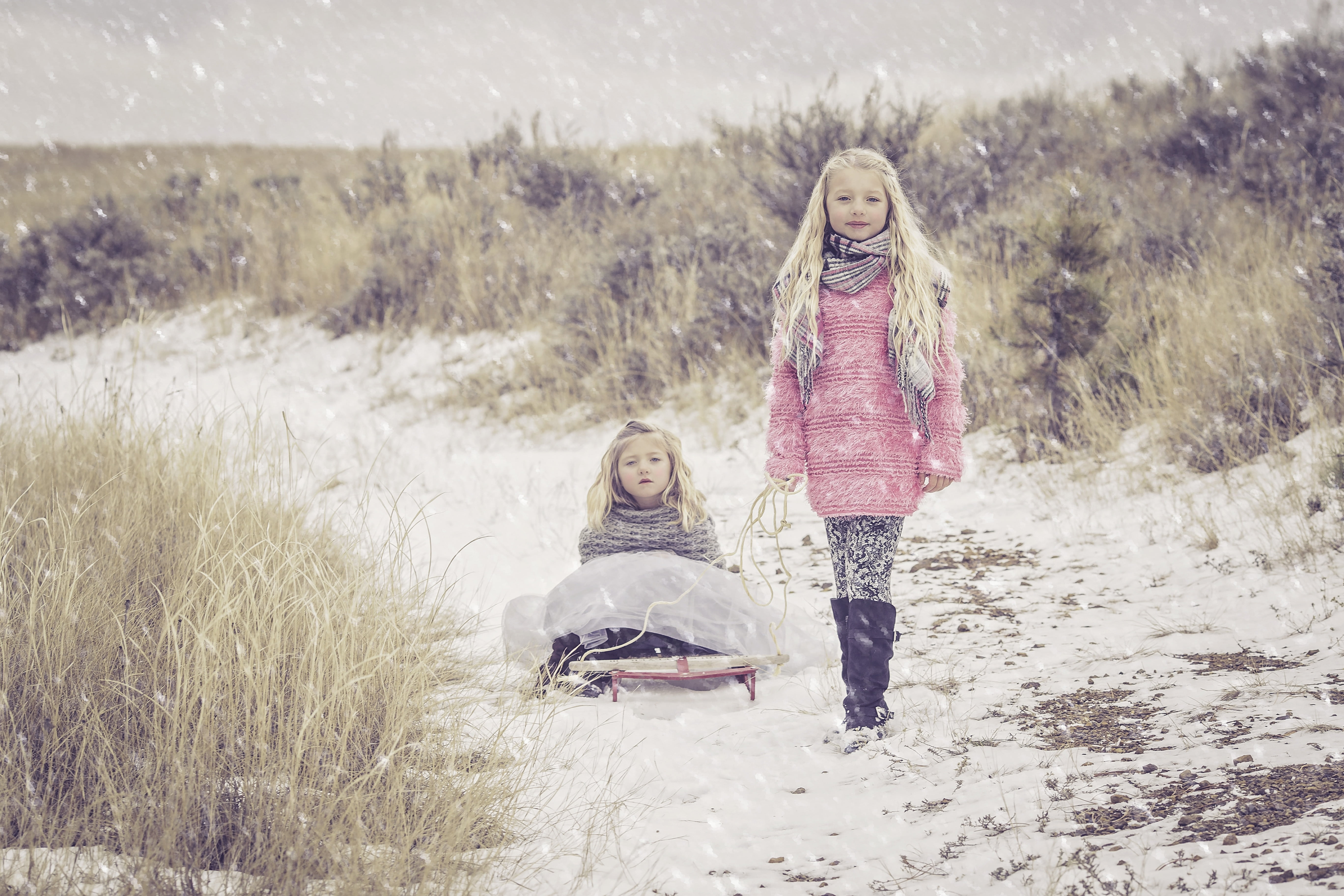 fun, winter, girl, leisure activity, outdoor, siblings, females, snow, cold, field, happiness, girls, lifestyles, wearing, family, women, nature, 5K, two, HD Wallpaper