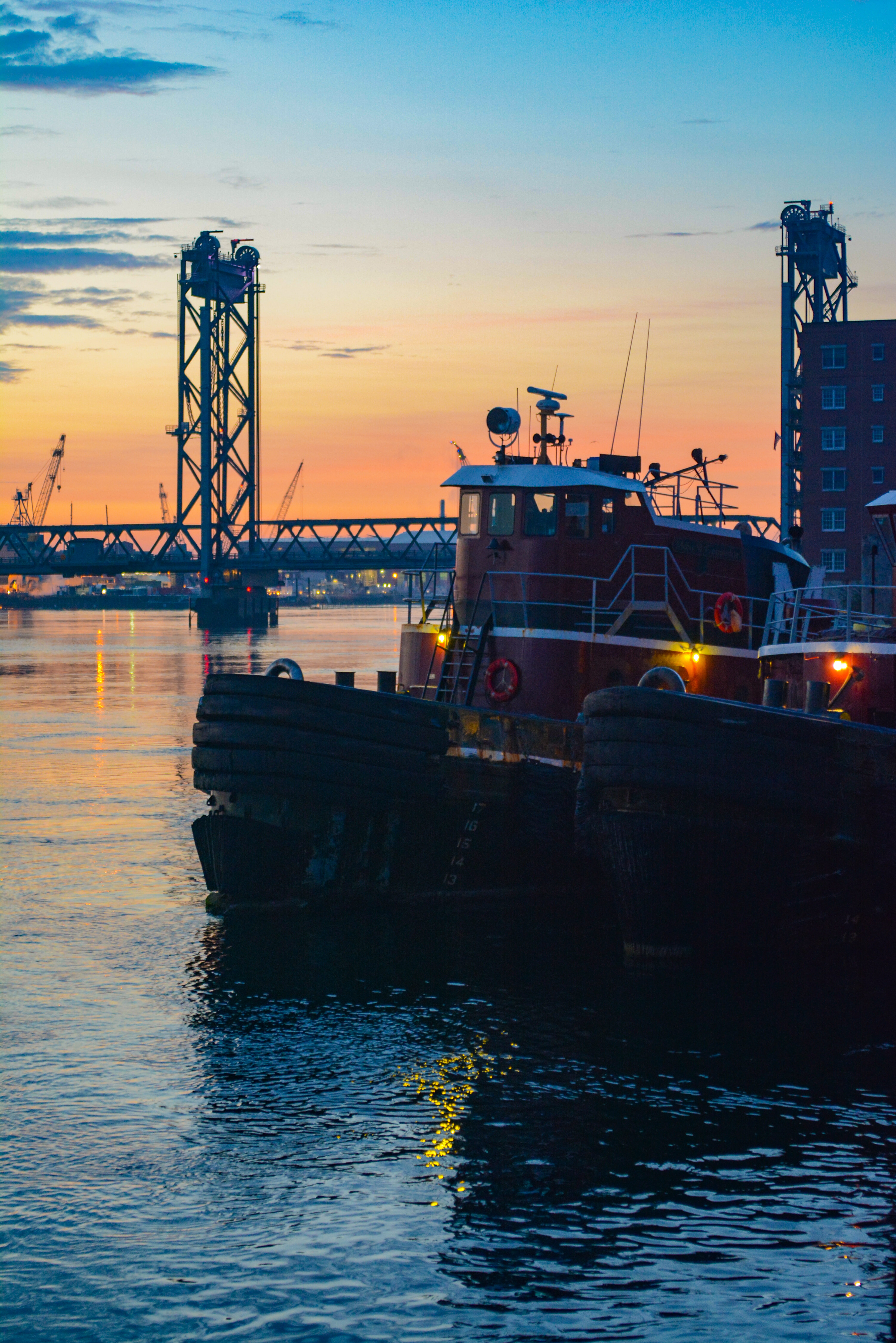 orange color, transportation, moored, ship, sea, built structure, tugboat, architecture, industry, business, nature, sunrise, waterfront, no people, mode of transportation, Phone HD Wallpaper