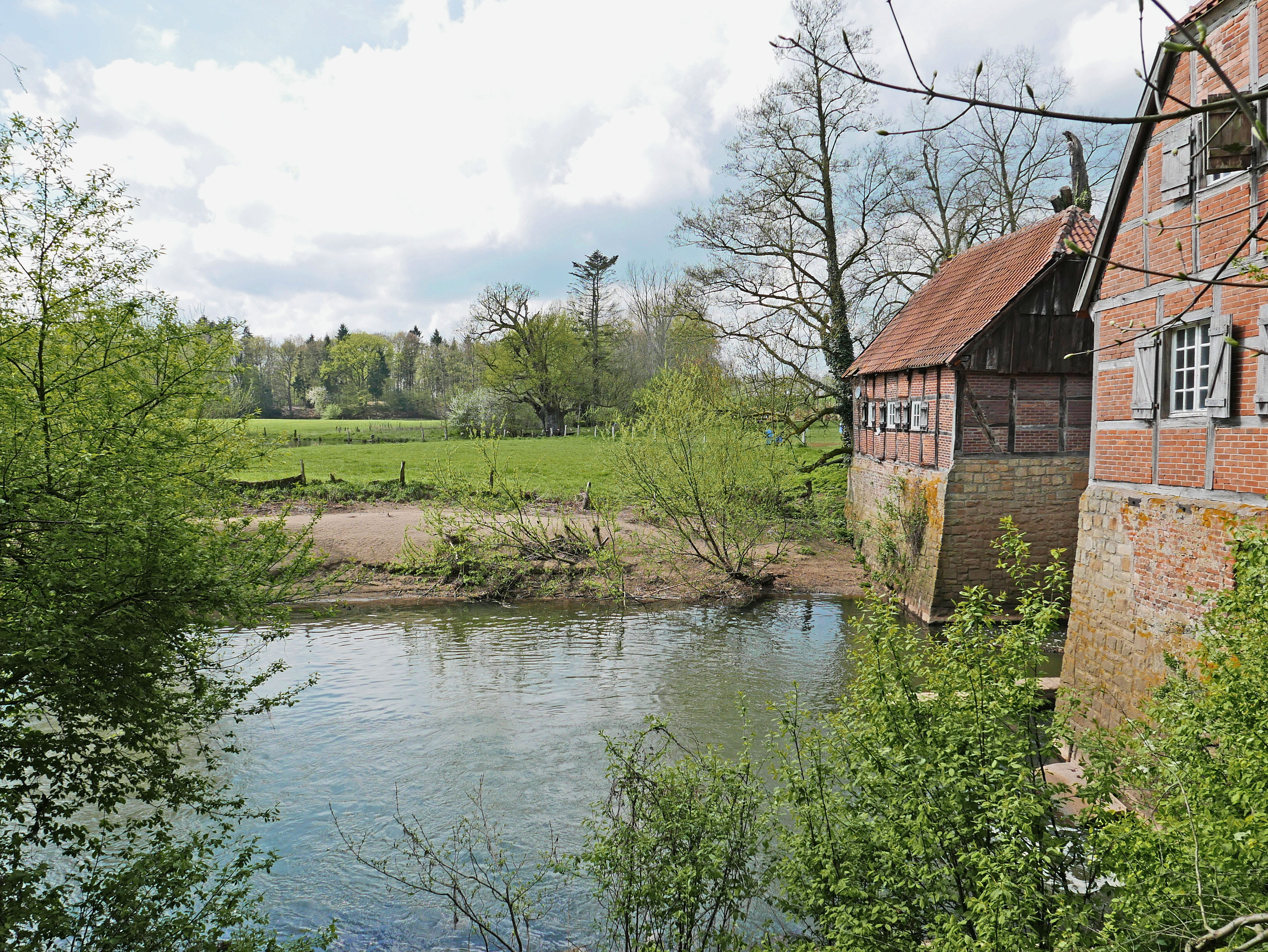 water mill, old mill, built structure, river, reflection, truss, cloud - sky, building, beauty in nature, day, outdoors, nature, flat land, building exterior, HD Wallpaper