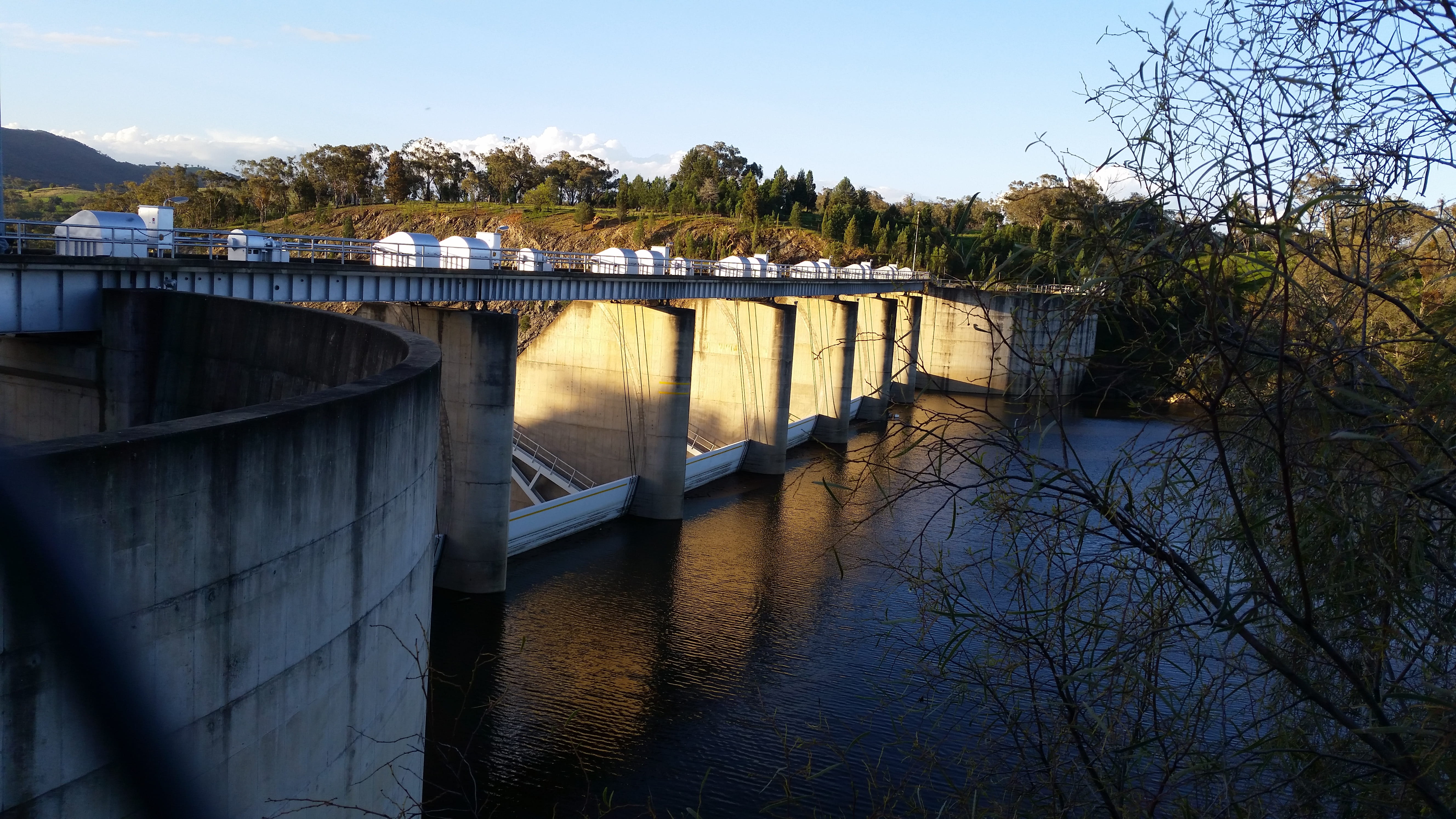 outdoors, flowing, dam wall, hydroelectric power, no people, floodgates, burrendong dam, flowing water, river, sky, connection, tree, bridge - man made structure, HD Wallpaper