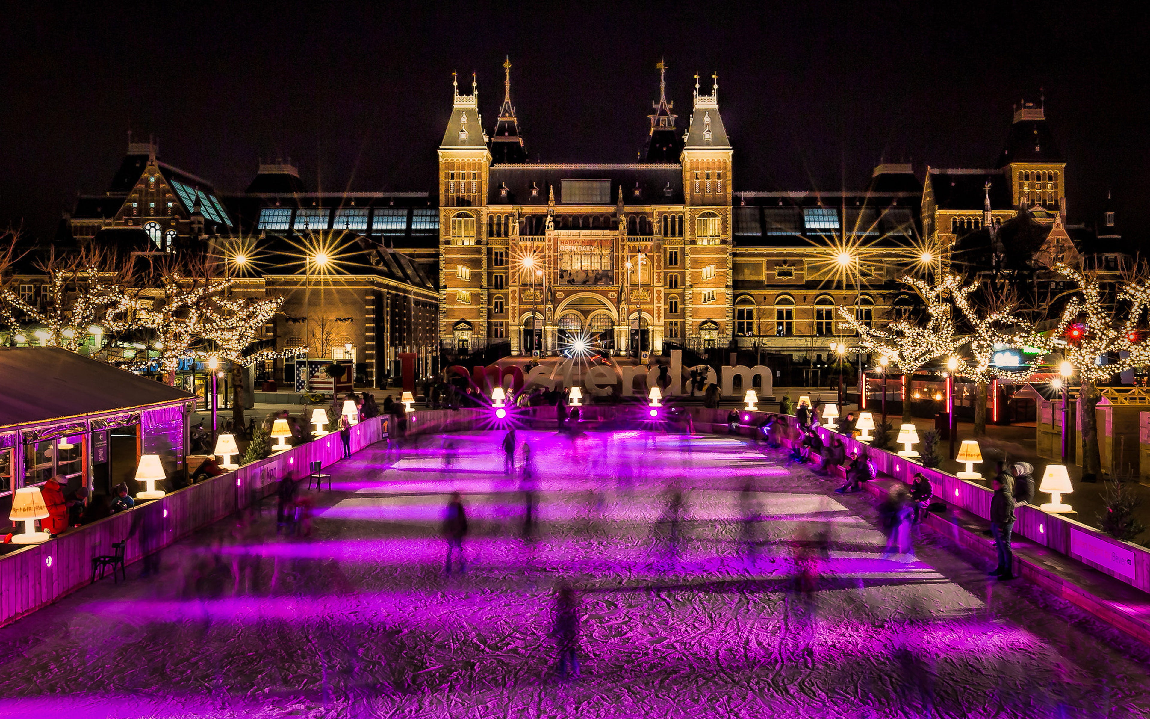 motion, season, decoration, blurred motion, incidental people, ice rink, lighting equipment, hd, art, 4K, architecture, city, building, rijksmuseum, illuminated, HD Wallpaper