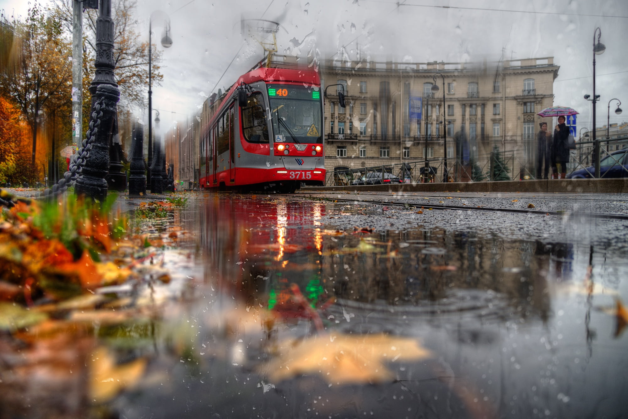 puddles, Saint Petersburg, rain, autumn, the building, the city, Gordeev Edward, Peter, 1080P, Eduard Gordeev, tram, leaves, Ed Gordeev, street, HD Wallpaper