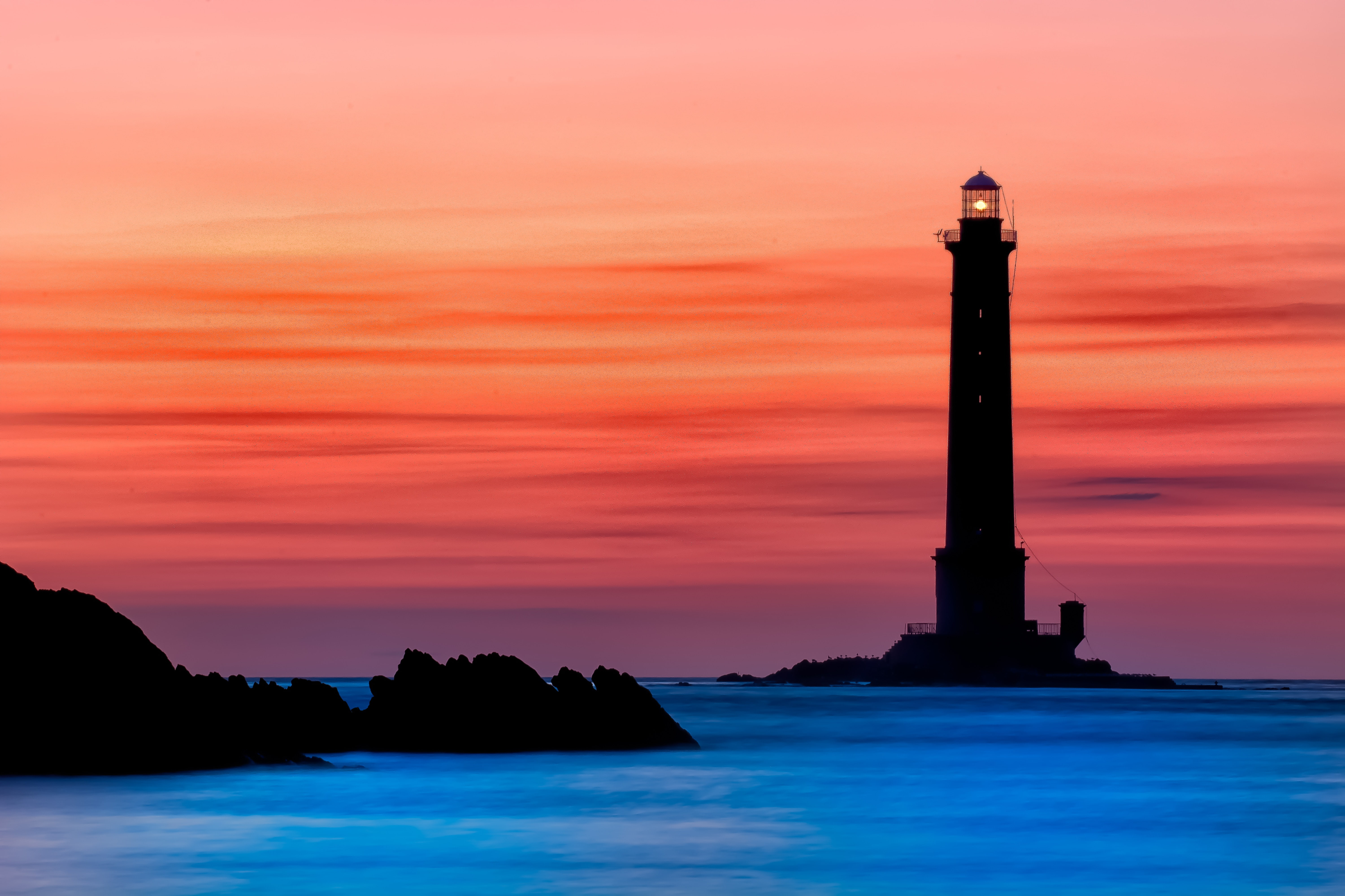 nature, orange color, no people, scenics - nature, building exterior, tower, waterfront, Lighthouse, outdoors, cloud - sky, sea, water, guidance, silhouette, HD Wallpaper