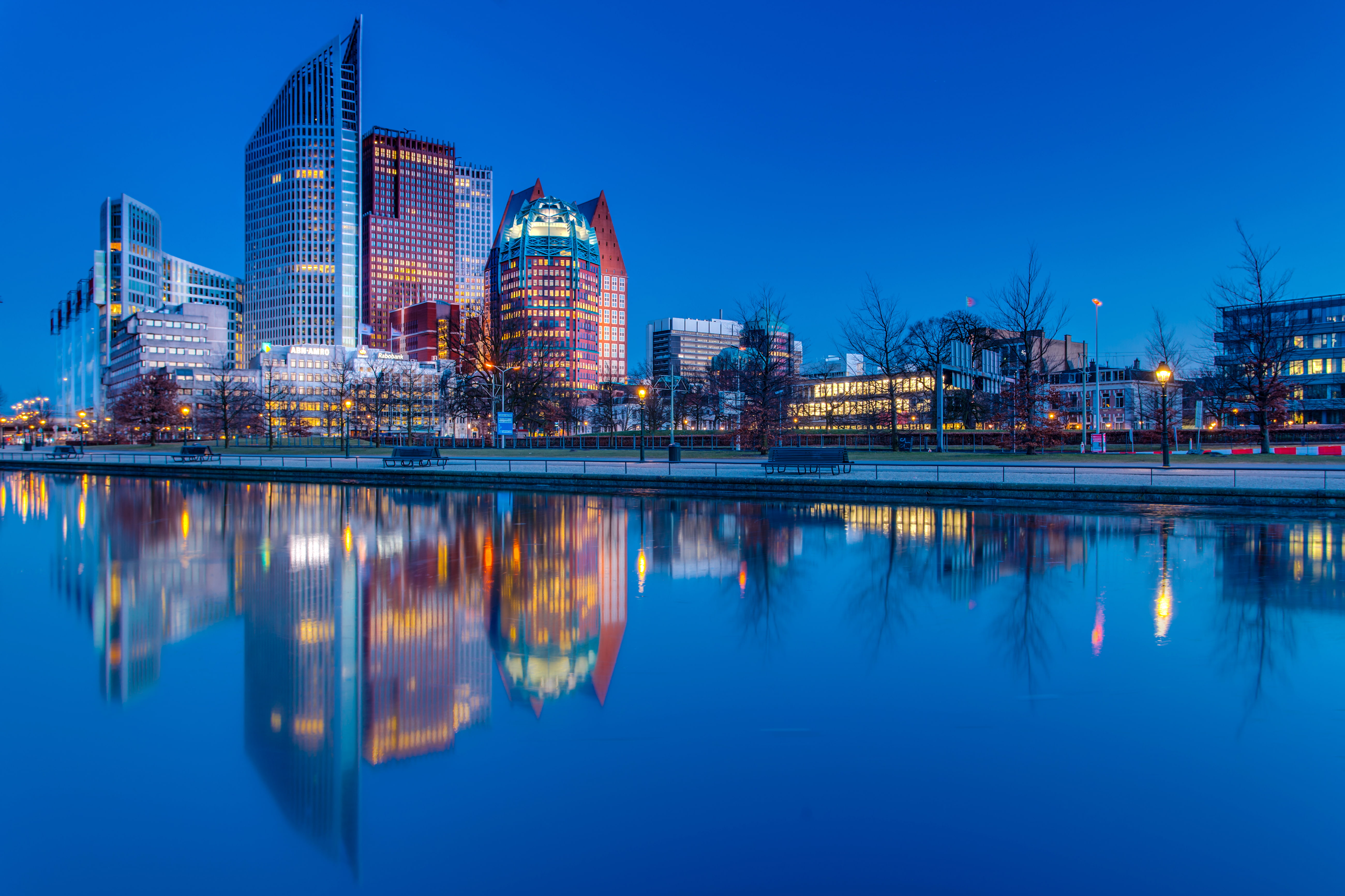 Netherlands, Building, 5K, River, Cities, Night, City, The Hague, Skyscraper, Reflection, HD Wallpaper