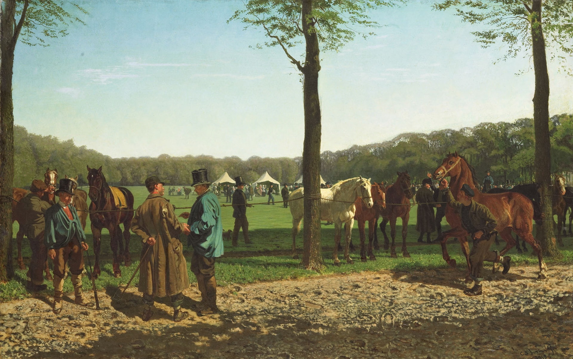 oil, Horse market in the Hague, 1080P, animals, canvas, picture, Cornelis Albertus Johannes Shermer, HD Wallpaper