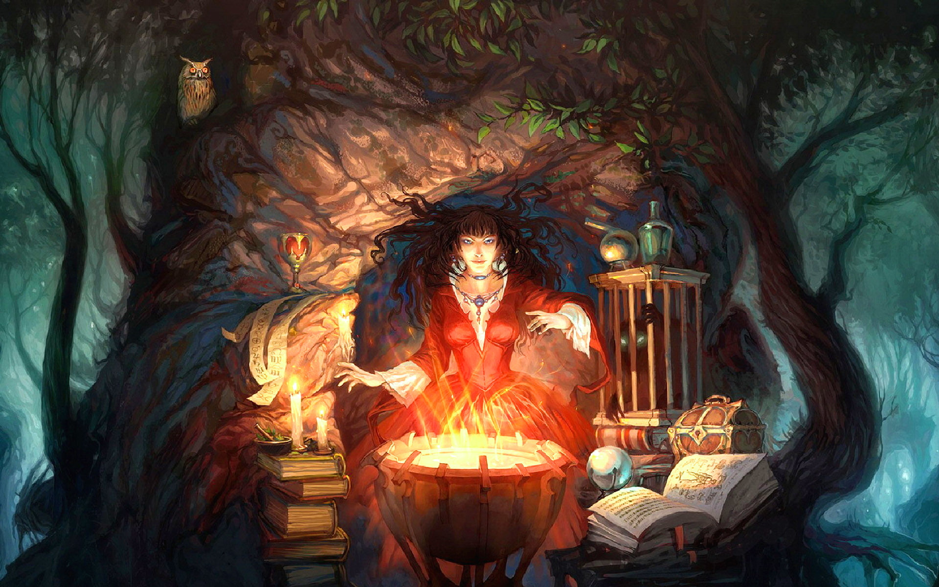detail, cauldron, witch, digital, fire, fantasy, 1080P, art, artistic, dark, occult, forest, halloween, magic, spell, book, trees, flames, HD Wallpaper