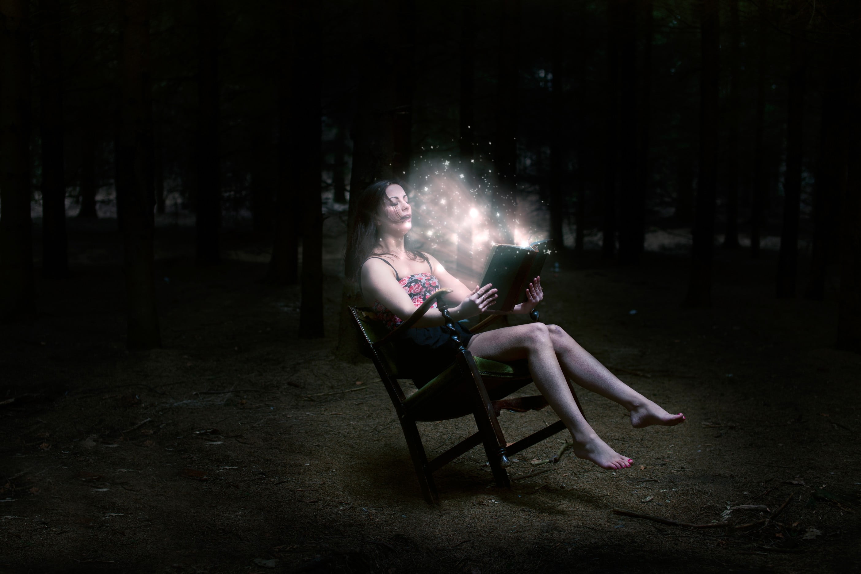 night, land, forest, open mouth, adult, chair, fairy tale, fantasy art, photo manipulation, women outdoors, bare shoulders, young adult, barefoot, leisure activity, HD Wallpaper