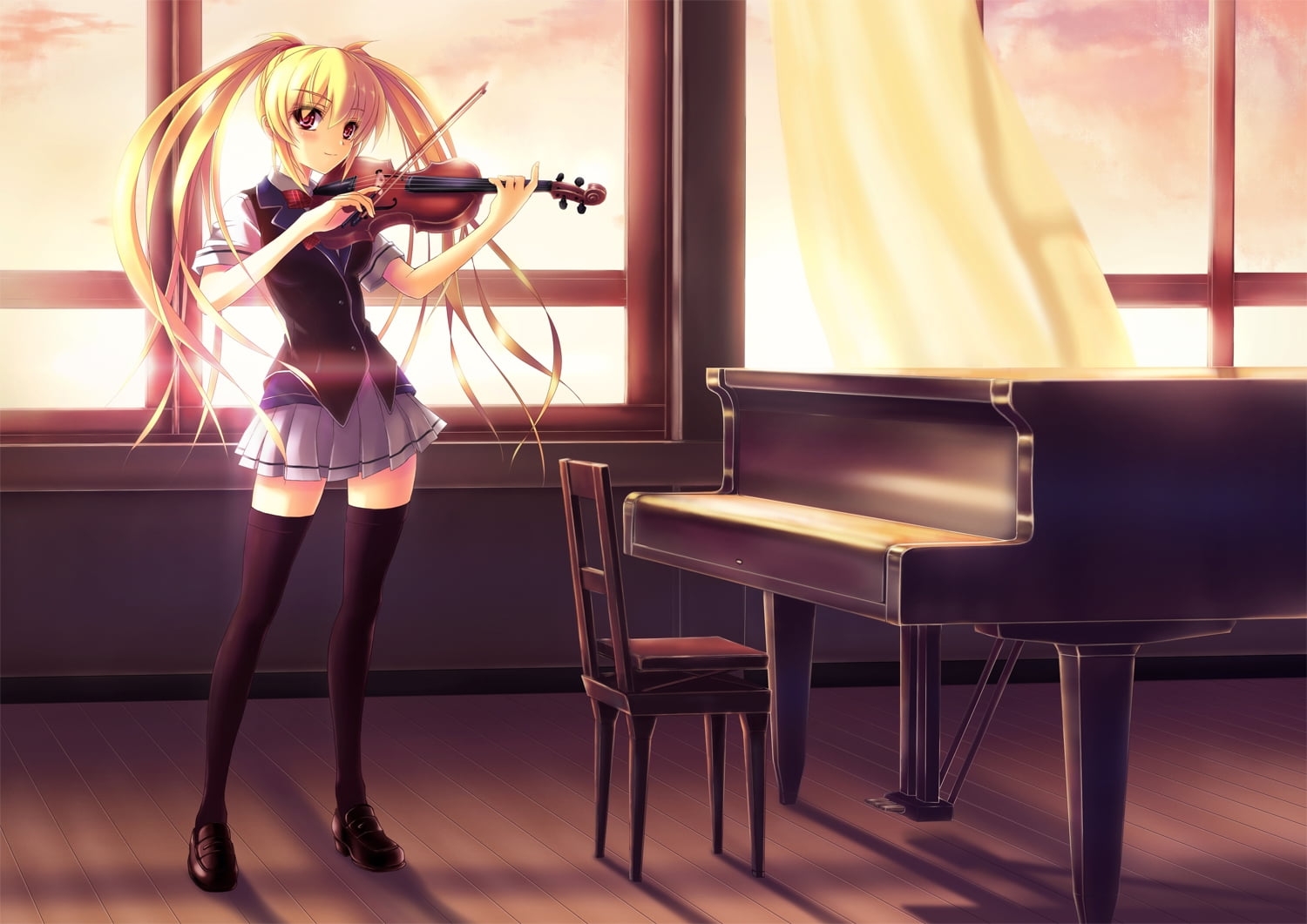 stage, females, musical Instrument, musical equipment, 720P, classical Style, blonde, performance, character, women, adult, sunrise, young Adult, illustration, HD Wallpaper