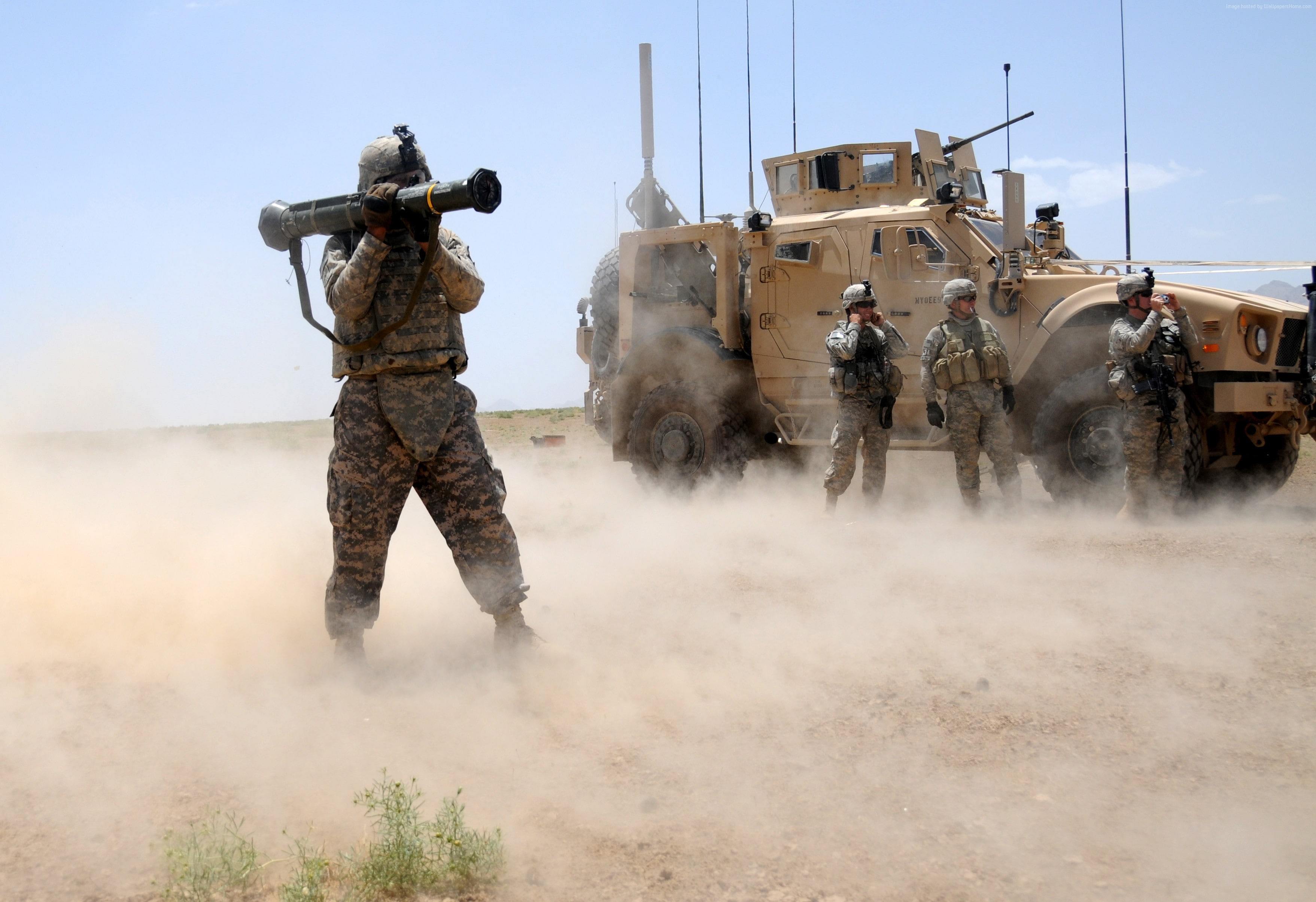 rocket launcher, sand, AFV, soldier, 2K, AAV, desert, vehicle, firing, APC, HD Wallpaper