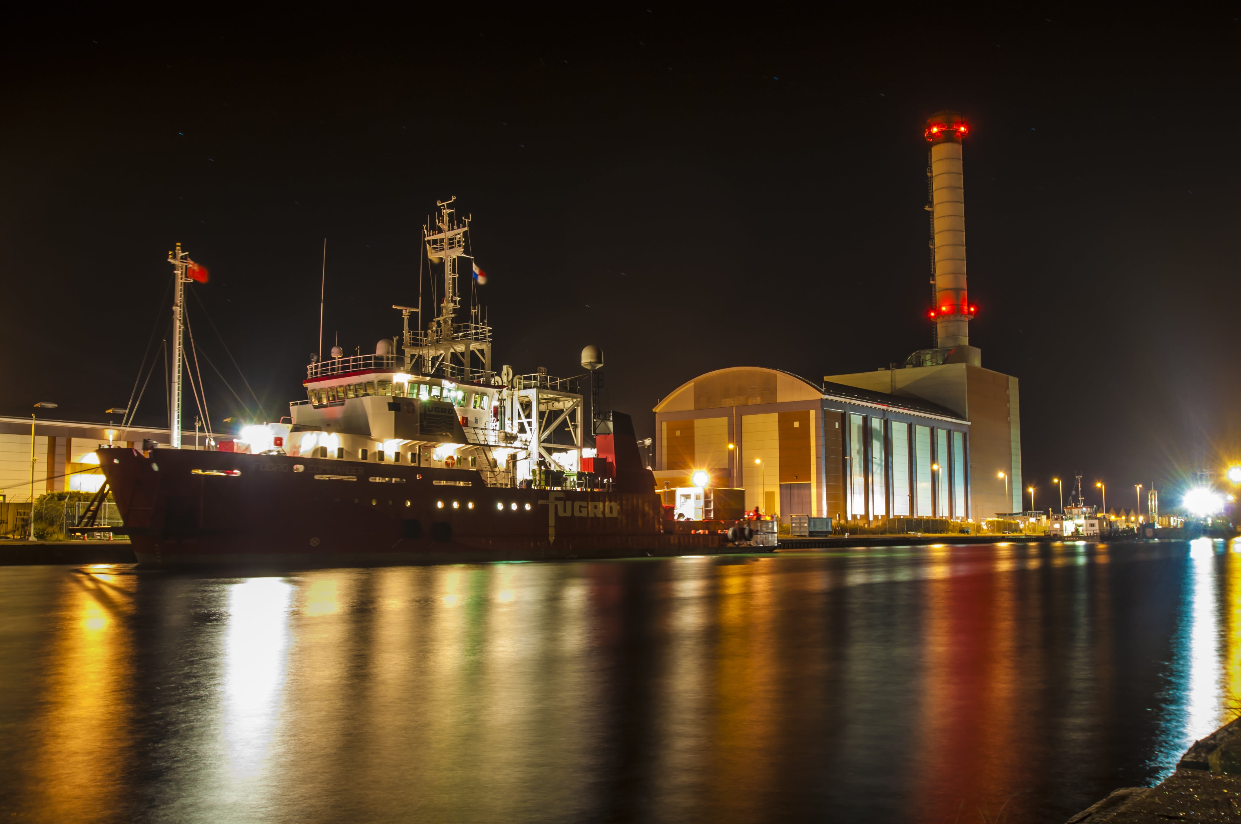 reflection, water, port, built structure, transport, dock, no people, waterfront, industrial, blue, illuminated, transportation, sea, building exterior, HD Wallpaper