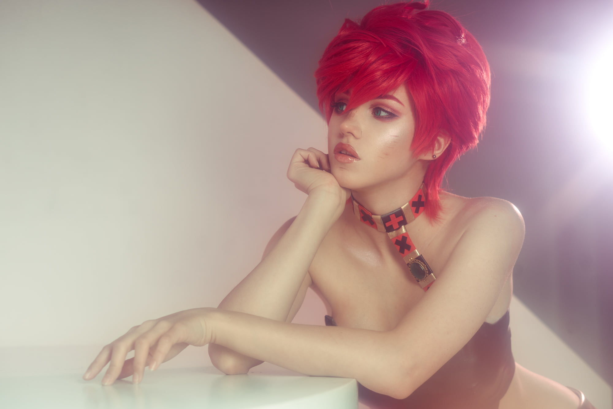 cosplay, indoors, anime, women, Trish Una, short hair, model, Shirogane Sama, looking away, pink hair, 1080P, JoJos Bizarre Adventure, women indoors, anime girls, HD Wallpaper