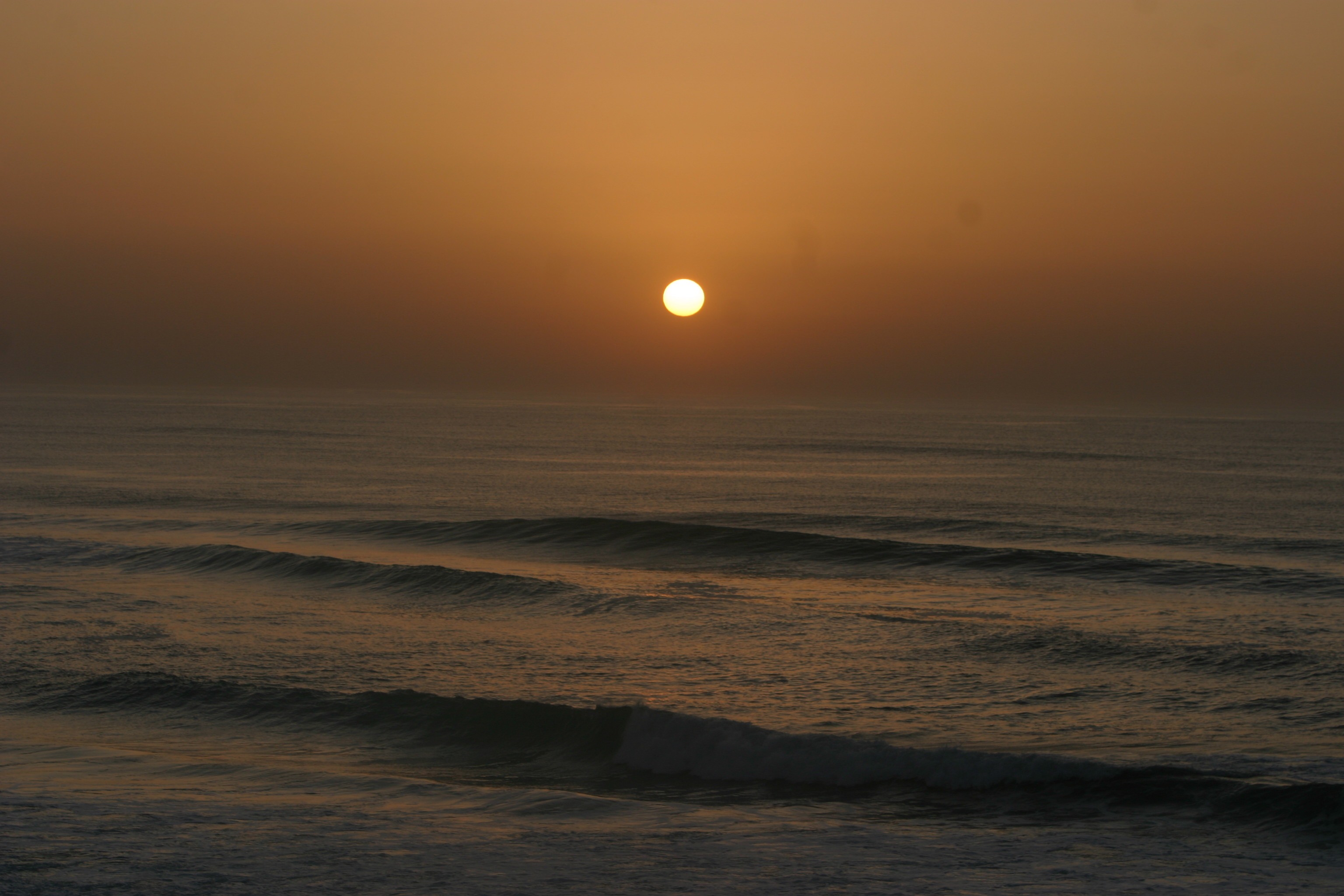 tranquility, wave, sea, non-urban scene, sunset, land, west france, astronomy, sky, mimizan plage, idyllic, orange color, sun, tranquil scene, scenics - nature, HD Wallpaper