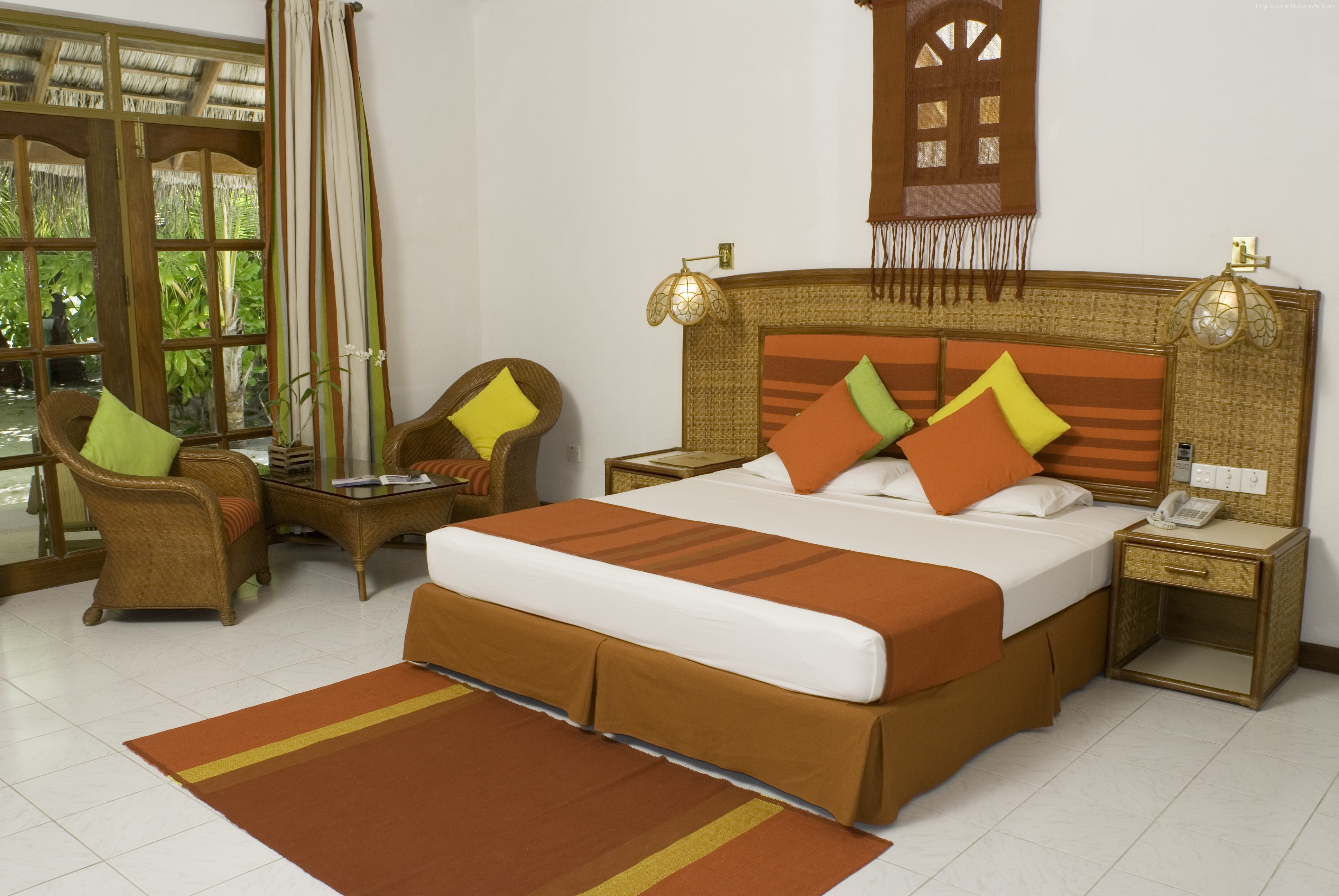 stuffed, armchair, orange, pillow, Best Hotels of 2015, cozy, Vakarufalhi Island Resort, home interior, home, home showcase interior, resort, electric lamp, HD Wallpaper