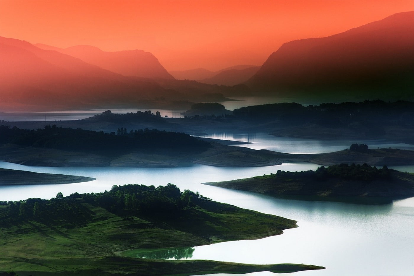 green, water, mist, red, lake, 720P, blue, nature, landscape, trees, Bosnia and Herzegovina, field, mountains, sky, HD Wallpaper