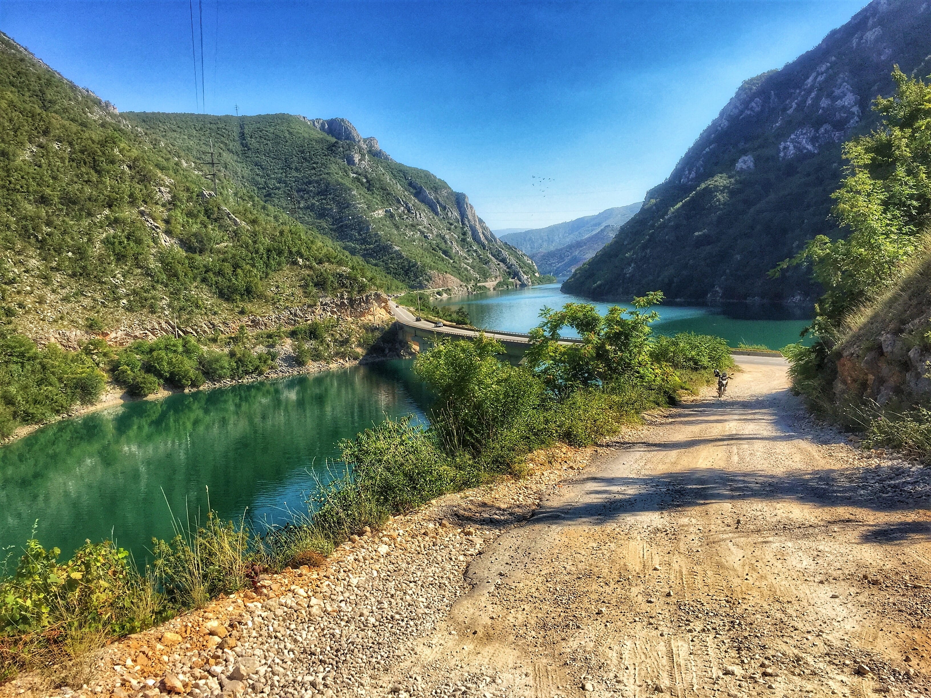 Motorcycle, lake, direction, tree, summer, bosnia, human, grass, green Color, day, nature, no people, sky, mountain Range, outlook, scenics - nature, lonely, HD Wallpaper