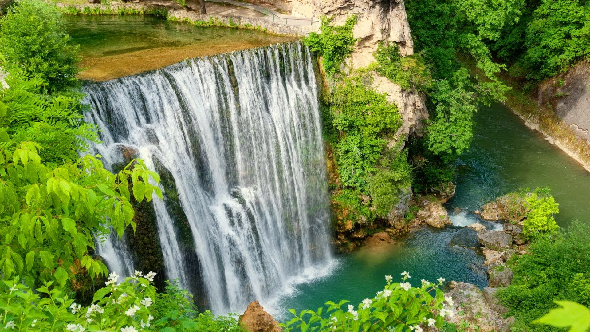 1080P, leaves, bosnia, desktop, waterfall, clear, cliffs, forest, herzegovina, coast, beautiful, trees, river, green, HD Wallpaper