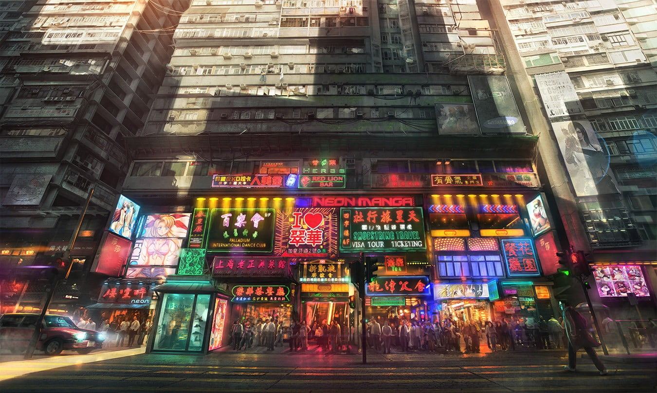 built structure, illuminated, sign, city, building exterior, building, architecture, night, outdoors, apartments, neon, street, text, low angle view, anime, HD Wallpaper