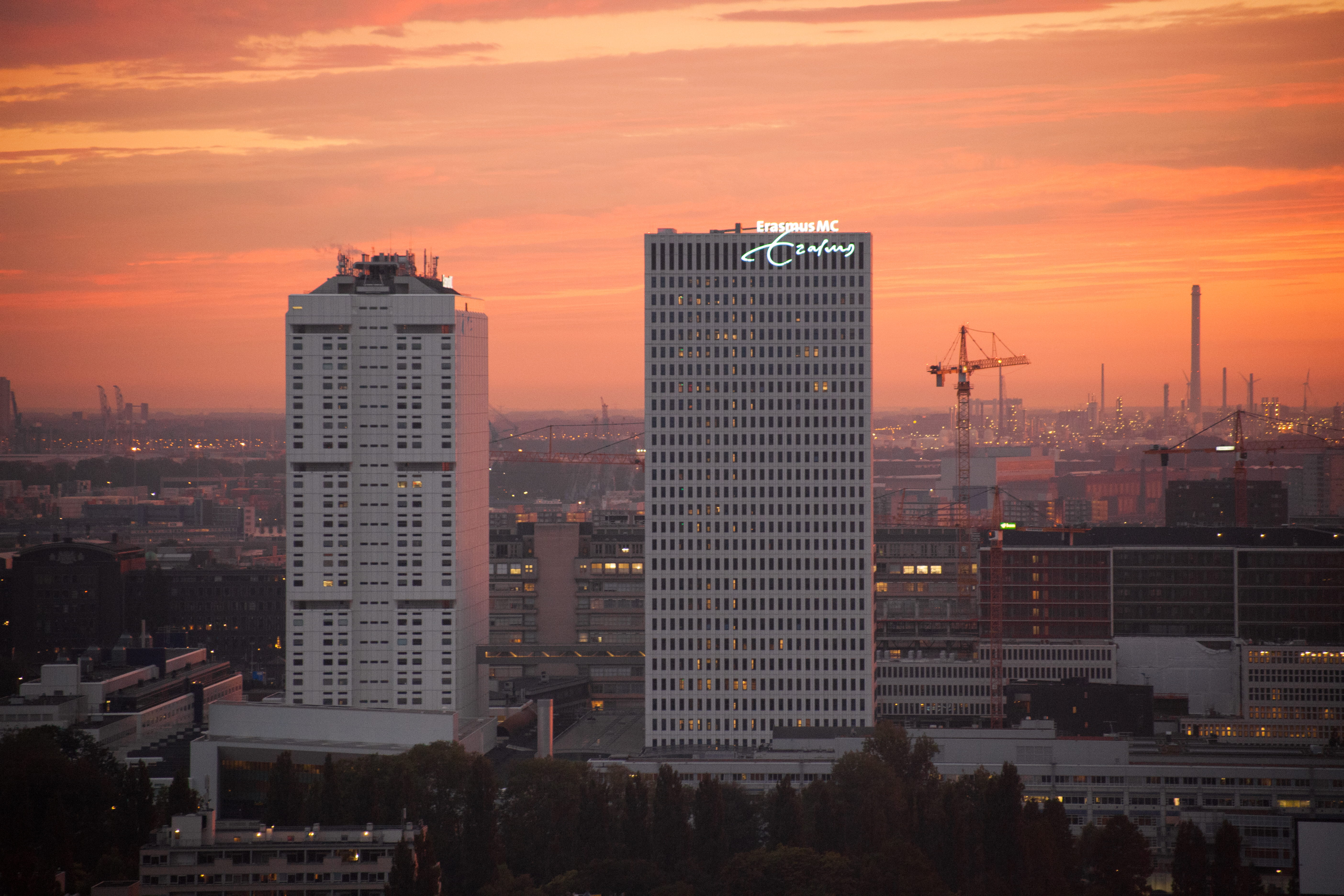 skyscraper, 5K, modern, tower, sunset, city, travel destinations, apartment, built structure, financial district, netherlands, romantic sky, building exterior, HD Wallpaper