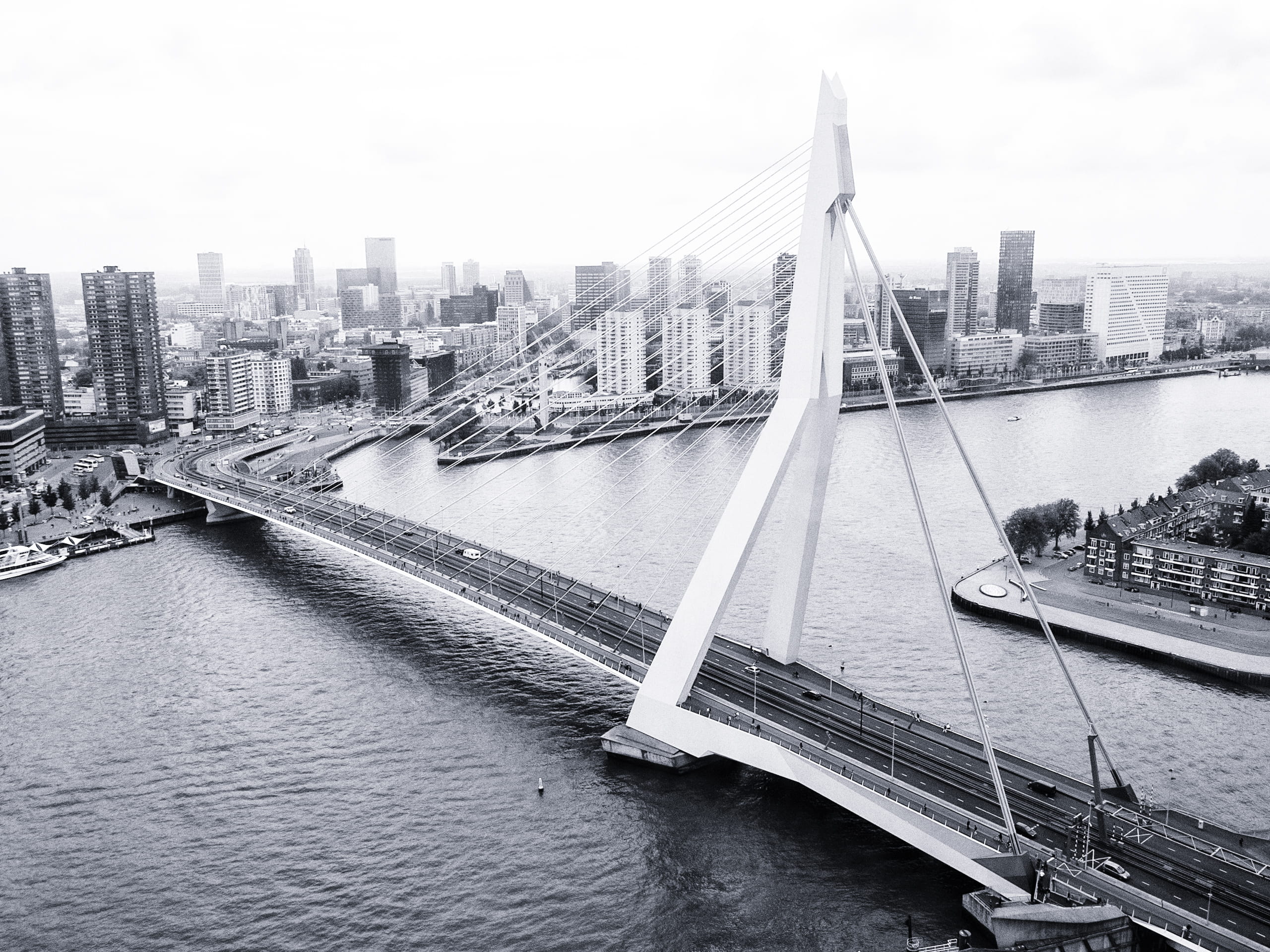 office building exterior, financial district, black and white, city, outdoors, building exterior, building, architecture, river, connection, cityscape, HD Wallpaper