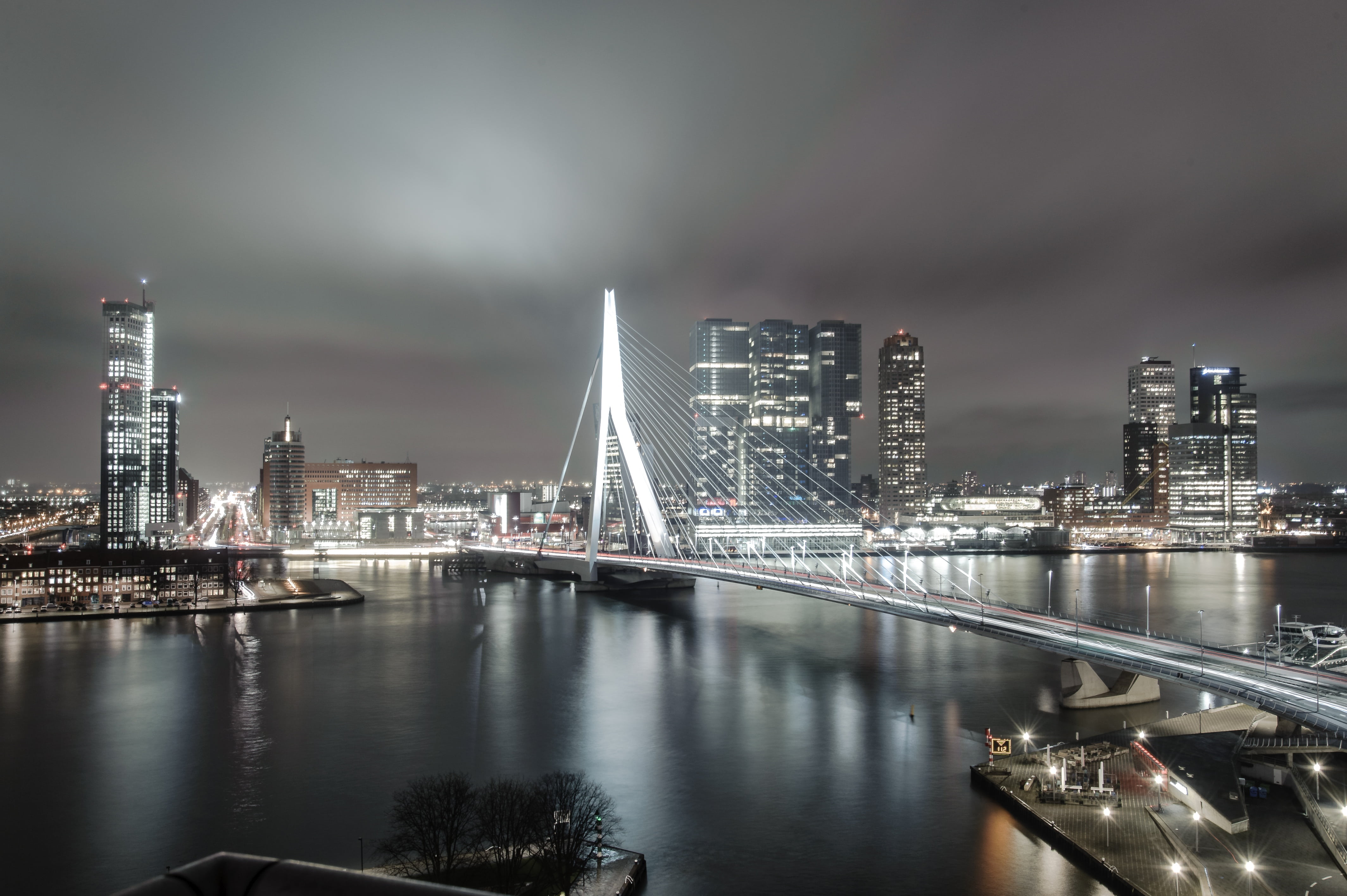 modern, architecture, bridge, sky, building exterior, tower, river, landscape, water, air, netherlands, rotterdam, lighted, bridge - man made structure, HD Wallpaper