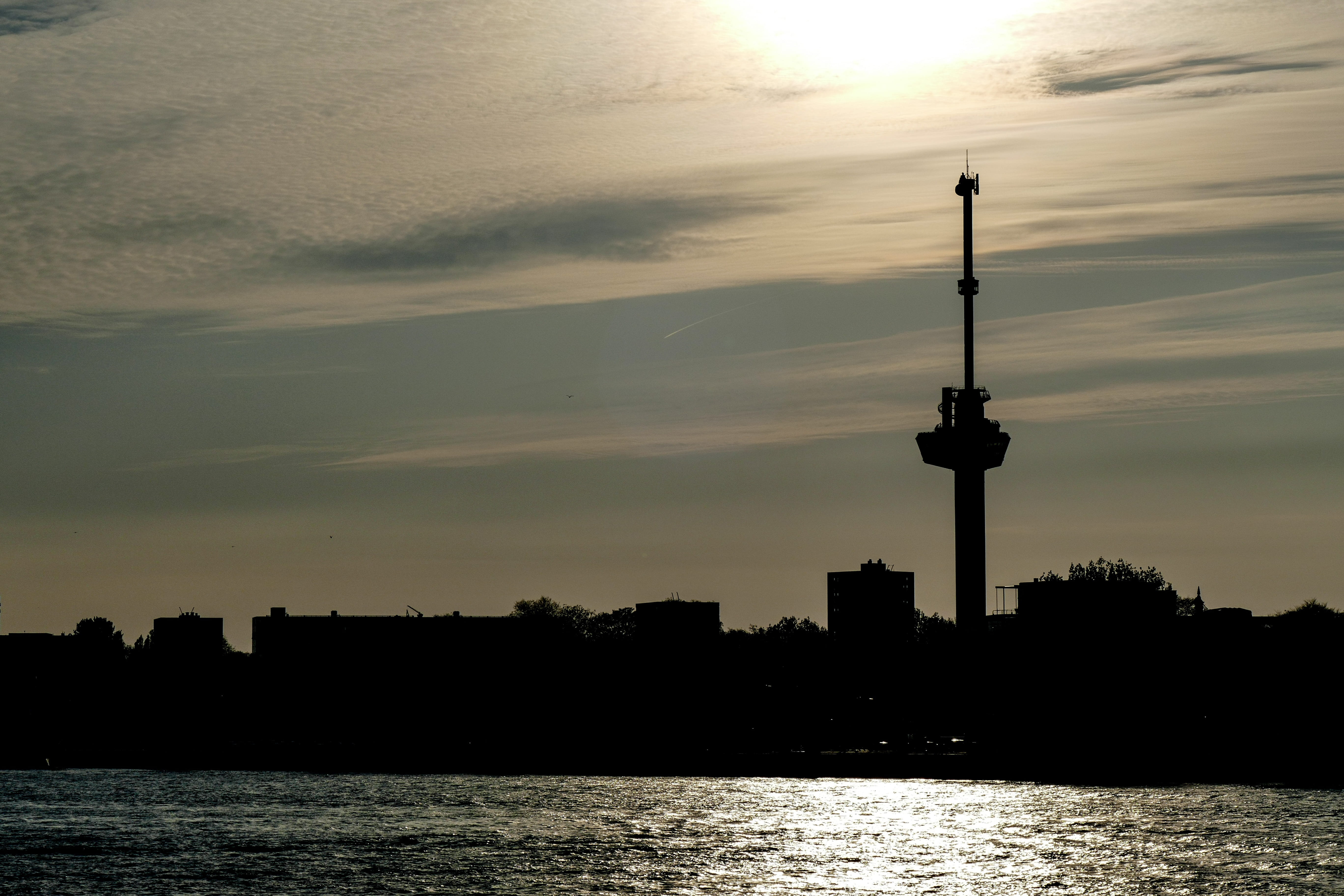 tower, waterfront, abendstimmung, water, architecture, Euromast, sky, Rotterdam, building exterior, built structure, sunset, no people, office building exterior, HD Wallpaper