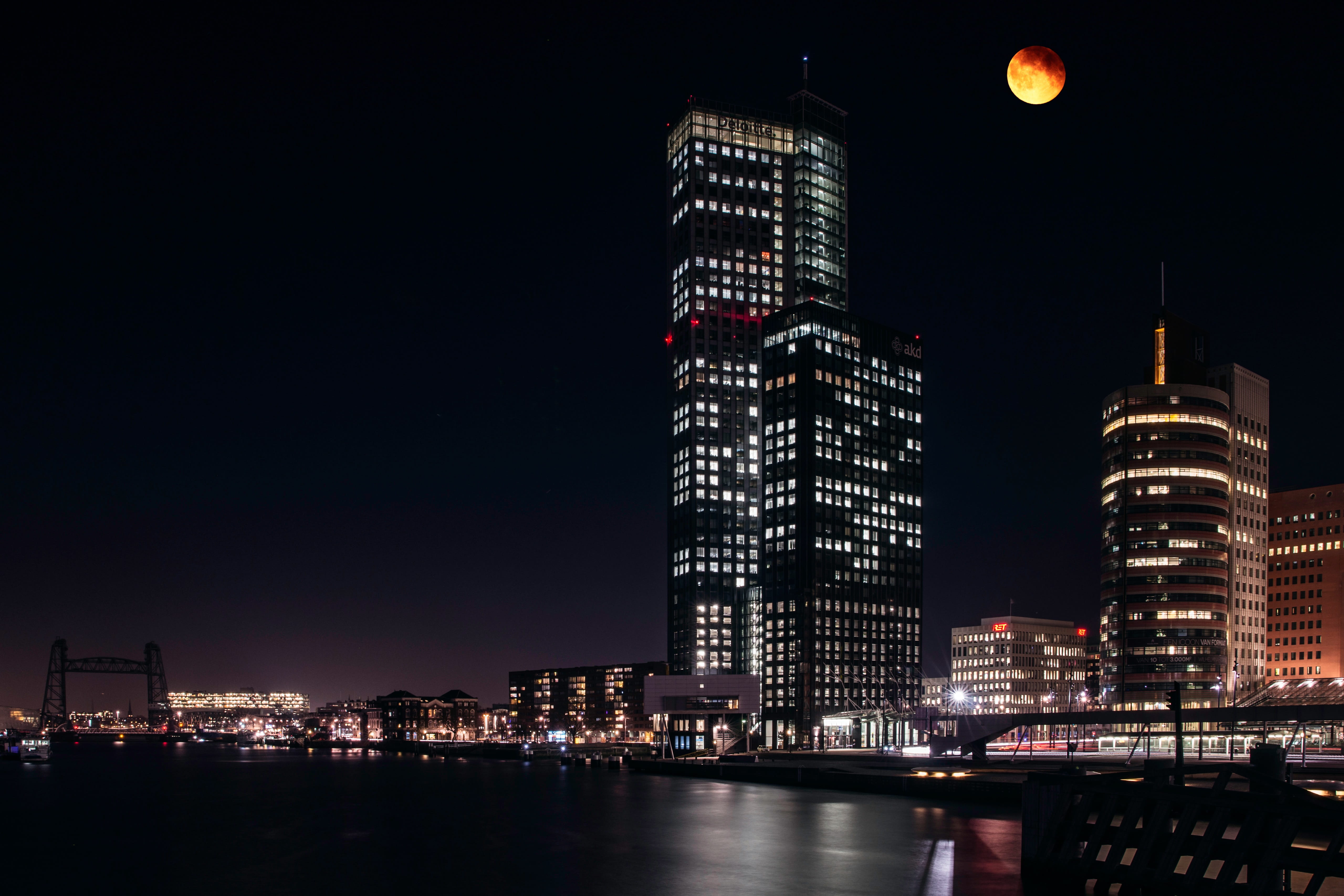 travel destinations, cityscape, office building exterior, moon, modern, 4K, urban, architecture, river, illuminated, moonlight, buildings, building, outdoors, HD Wallpaper