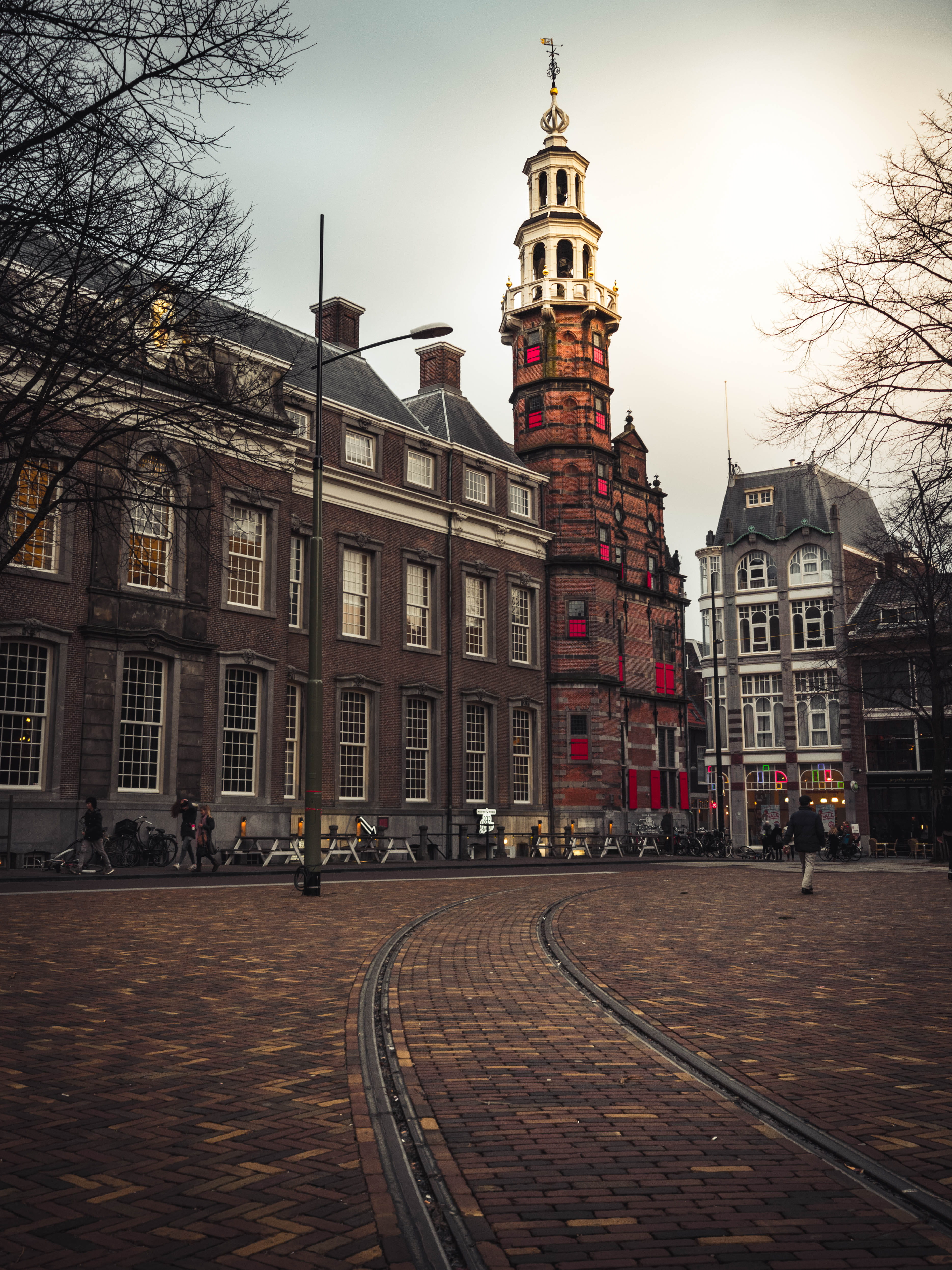 the netherlands, bare tree, day, abstract, street, the past, sky, tree, building, tower, architecture, tall - high, skyline, travel destinations, spire, Phone HD Wallpaper