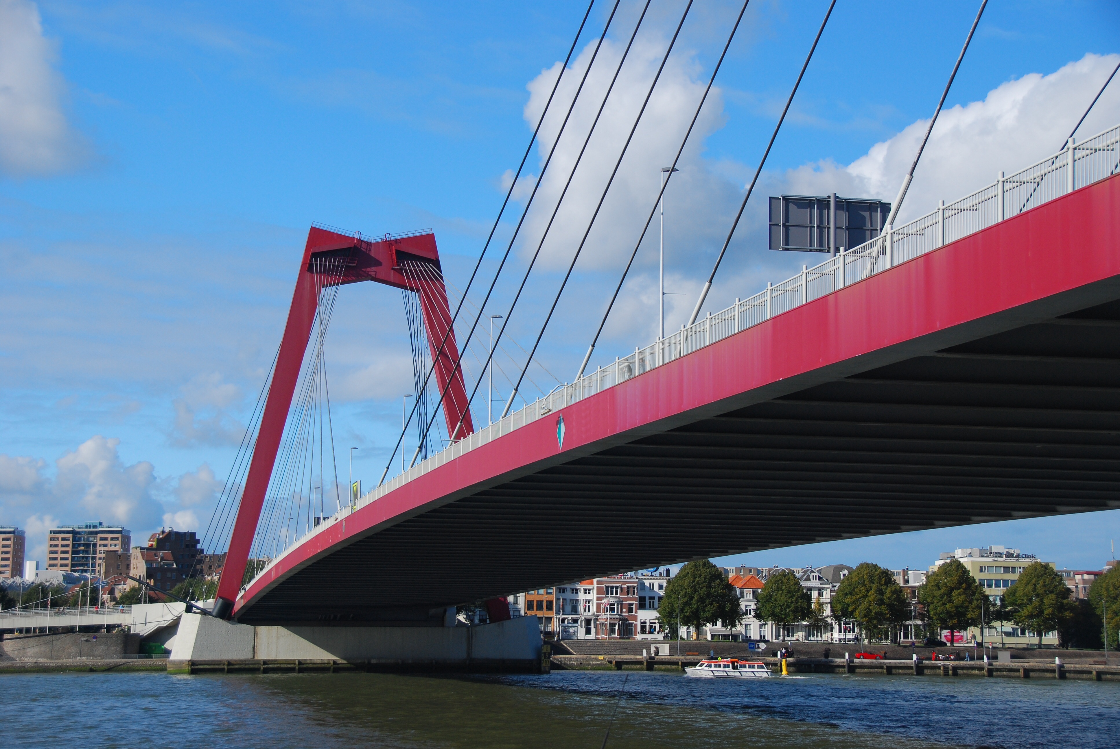 river, day, water, transportation, outdoors, sky, rotterdam, suspension bridge, cloud - sky, skyscraper, city, building exterior, bridge, travel destinations, HD Wallpaper
