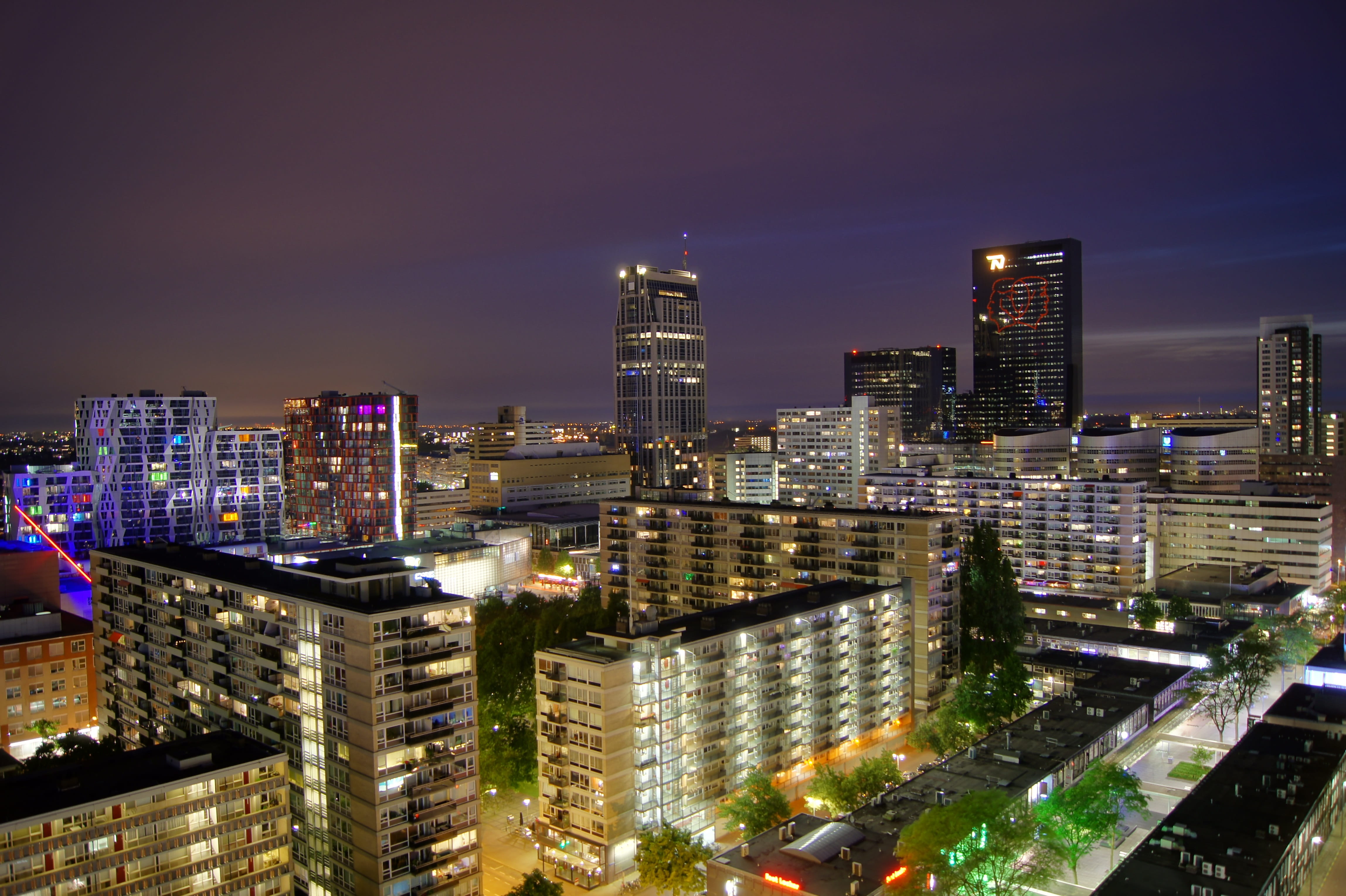 rotterdam, night, building, built structure, illuminated, long exposure, financial district, urban skyline, modern, city, building exterior, tall - high, HD Wallpaper