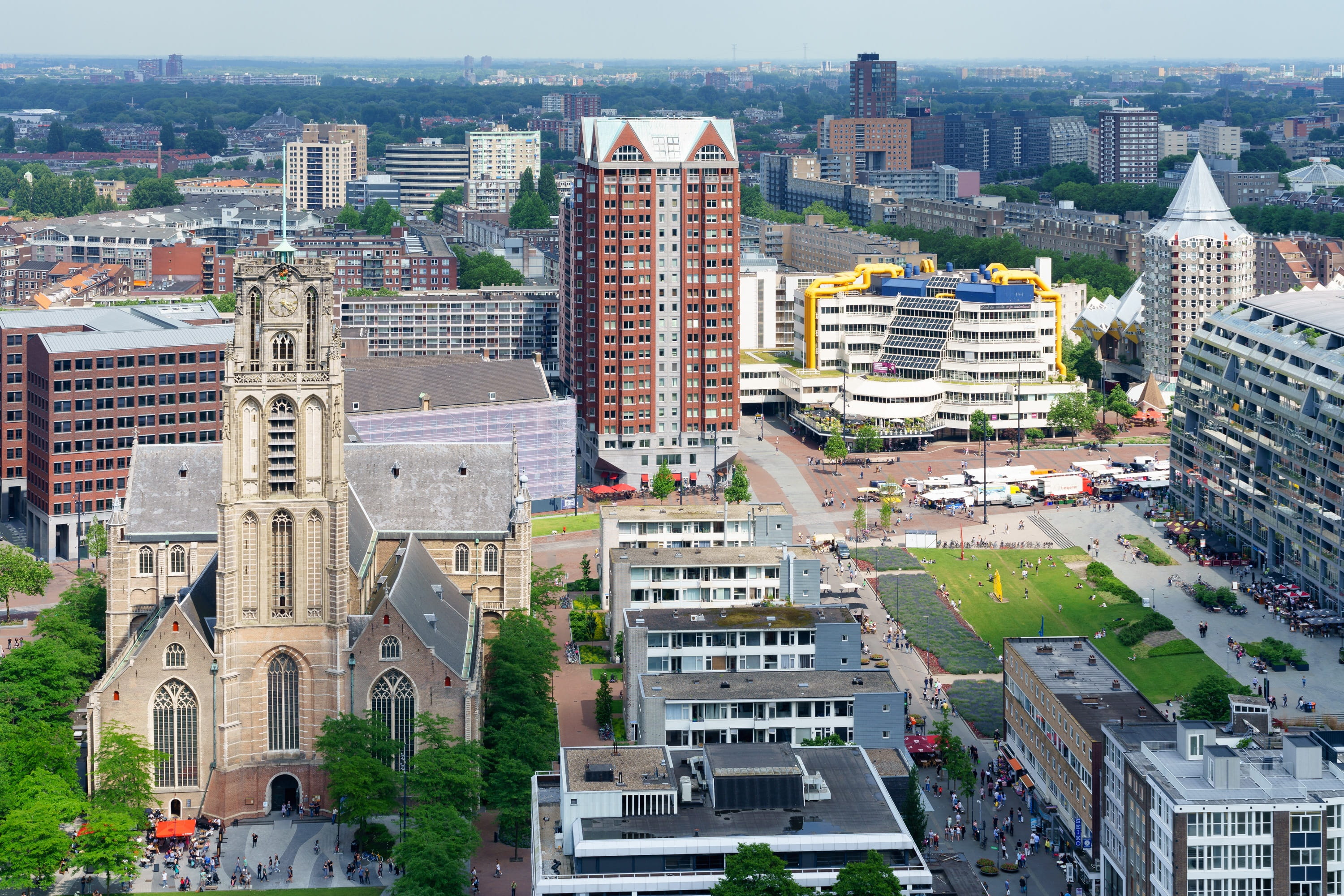 cityscape, built structure, skyscraper, town square, crowd, transportation, crowded, motor vehicle, road, car, high angle view, rotterdam, 2K, building exterior, HD Wallpaper